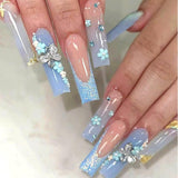 24 pièces papillon bleu ongles artificiels carré presse sur français longues paillettes brillant strass faux ongles conseils