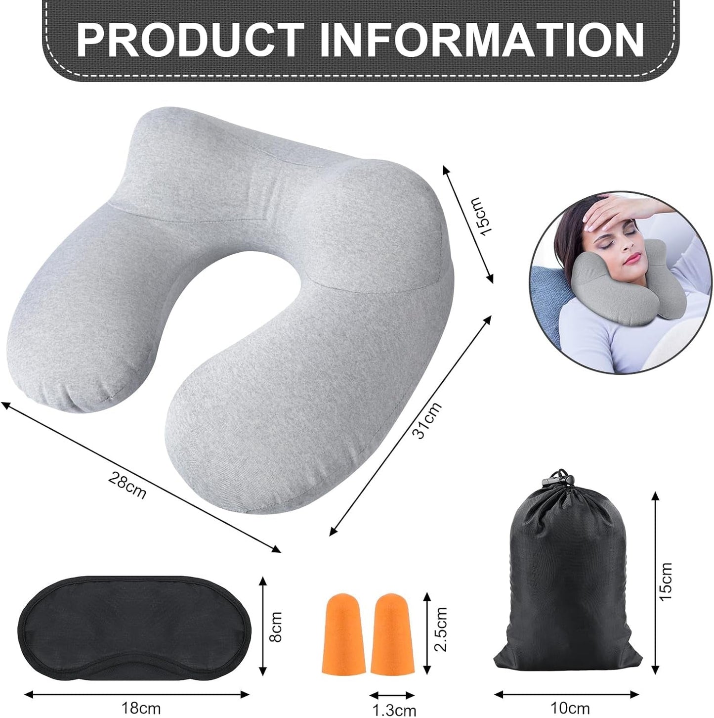 Oreiller cervical gonflable de voyage, oreiller cervical gonflable compact et rapide avec housse de coussin lavable pour les voyages en voiture, avion, train, bureau, famille