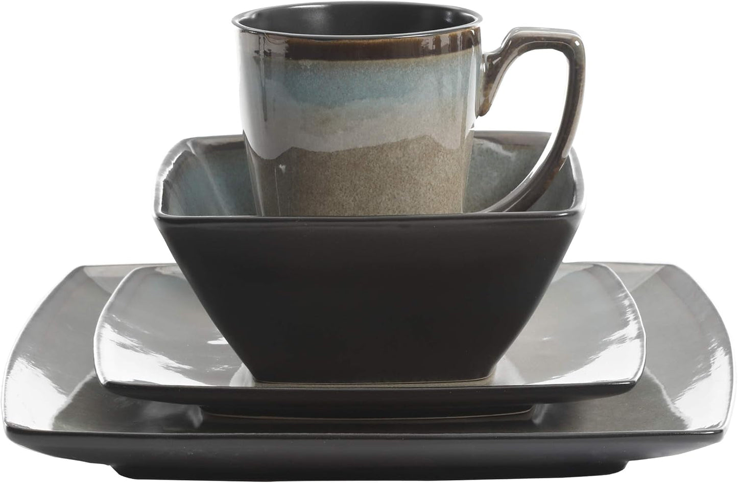 Tequesta Service de table carré en grès émaillé réactif pour 4 personnes (16 pièces) Taupe