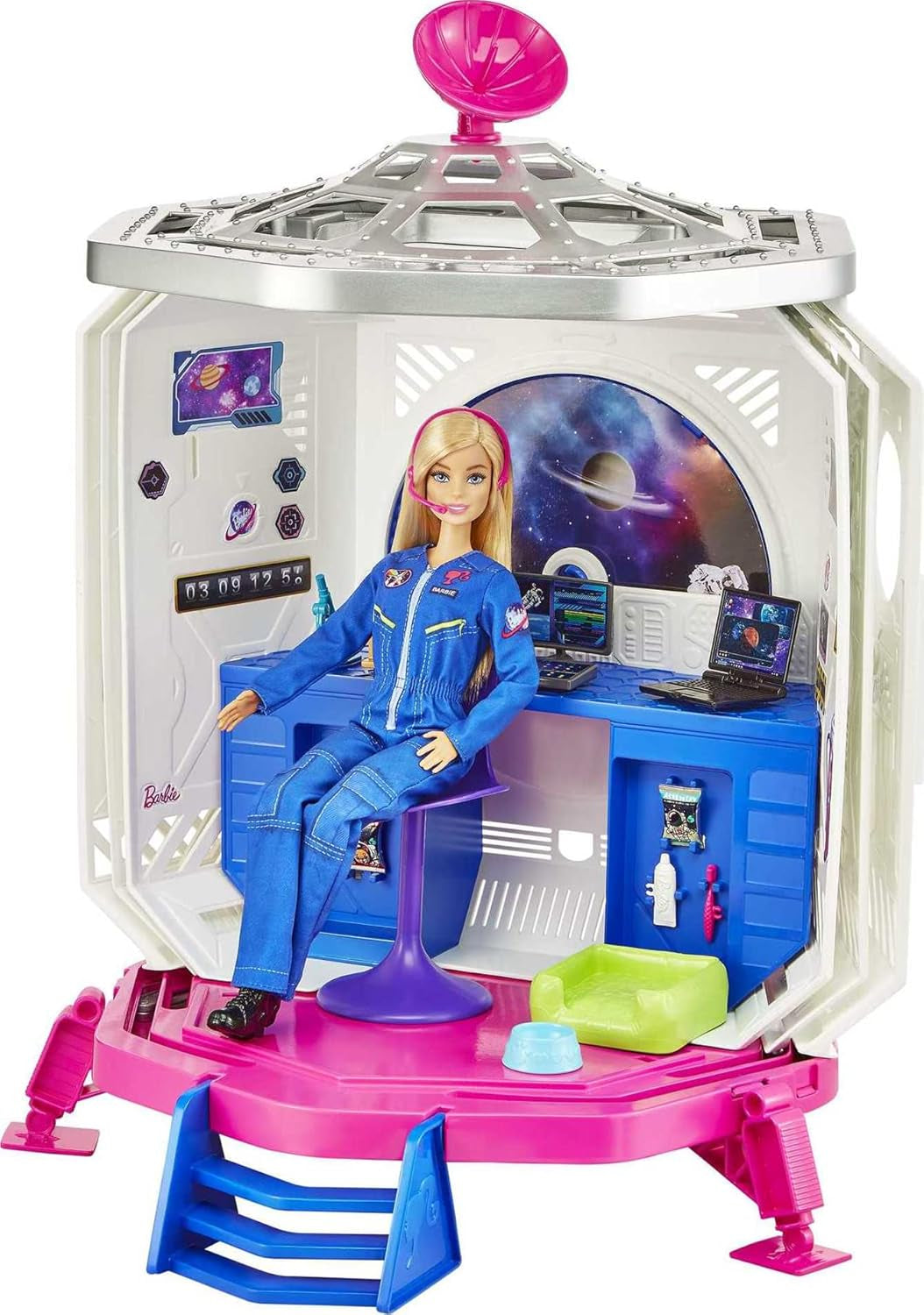 Barbie GXF27 - Station spatiale Aventure spatiale, poupée spatiale, chiot, poste de travail, scènes spatiales, 20 accessoires, jouet cadeau pour enfants à partir de 3 ans