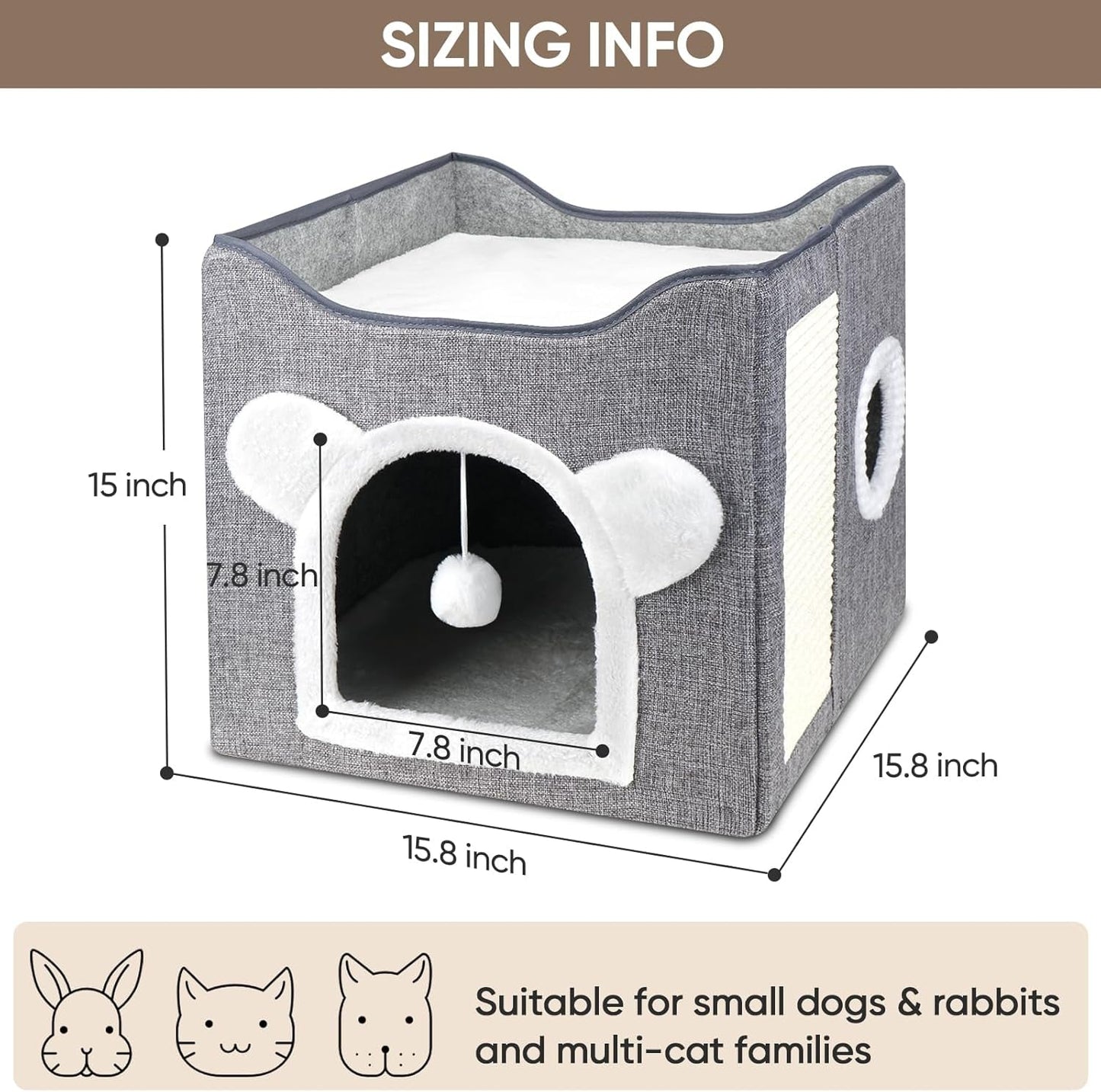 Katzenbetten für Indoor Katzen, Faltbares Katzenhaus, Katzenhöhle 2 Schicht Würfel Großer Raum Katzenbett mit Kratzbrett et Spielball, 15,8 x 15,8 x 15 pouces