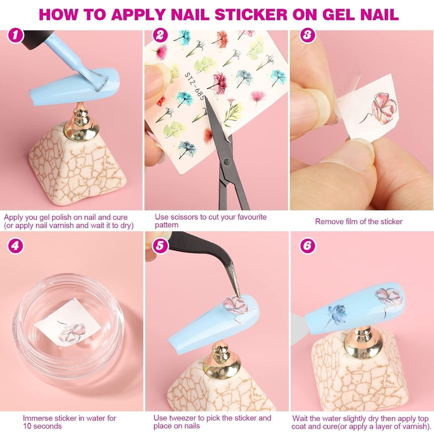 FANDAMEI 54 Blätter Wassertransfer Nagelsticker & Nail Art Pinsel Set, Stylos à pointillés, Blattgold pour l'art de l'art, bande de strass, strass, travail et décoration, ensemble pour l'art de l'art