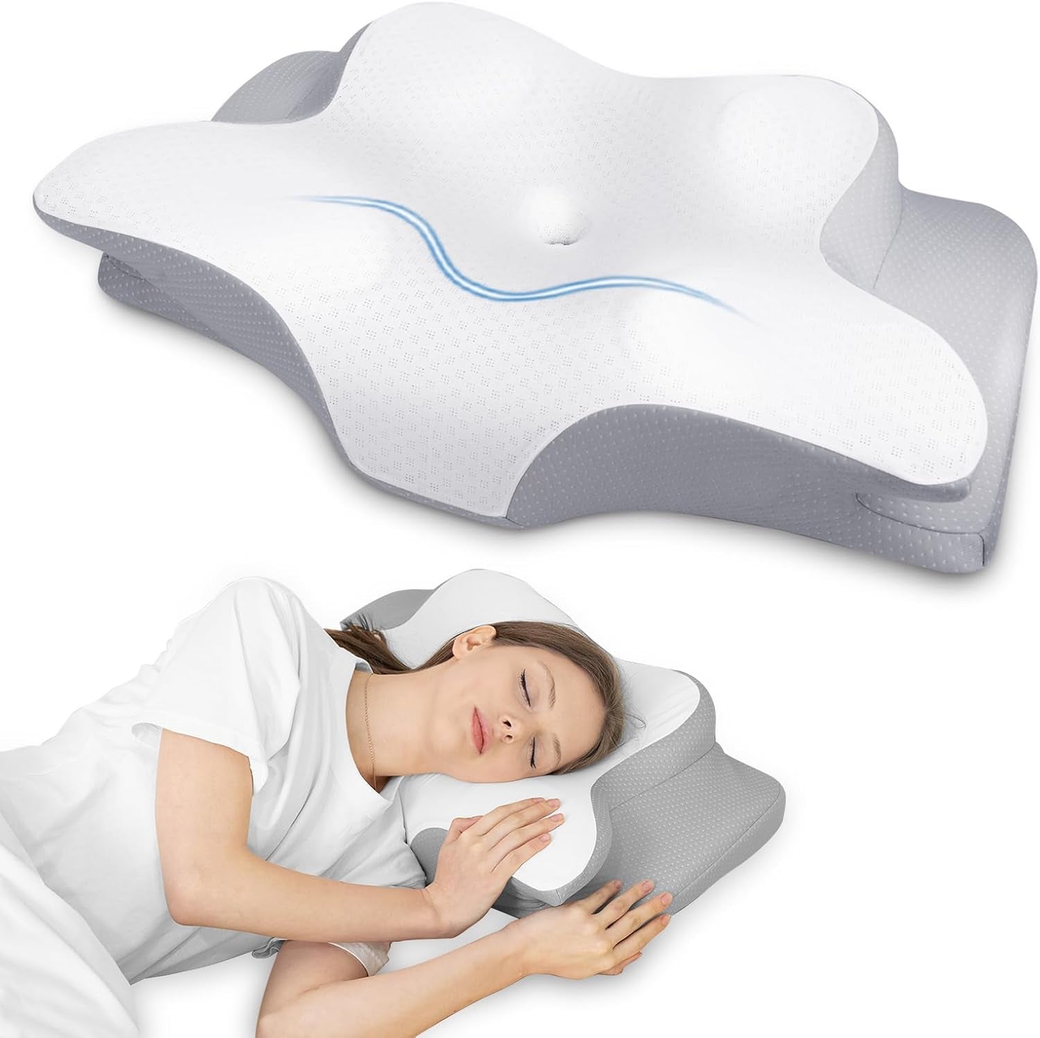 HOMCA Oreiller cervical, oreiller ergonomique en mousse à mémoire de forme, housse de coussin rafraîchissante 3D pour position couchée, latérale ou couchée, 62 x 41 x 9,5/12,5 cm, oreillers orthopédiques cervicaux Naty Shop Gris