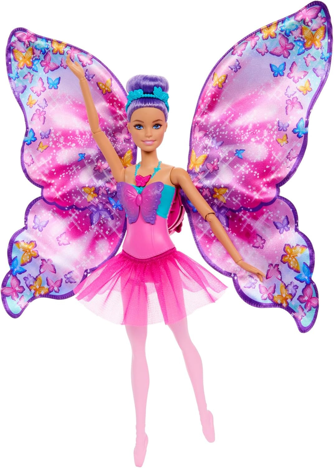 Barbie Danseuse et papillon 2 en 1 transformant la danseuse en papillon avec ailes ouvertes, cheveux violets, accessoires pour cheveux et tutu détachable, HXJ10