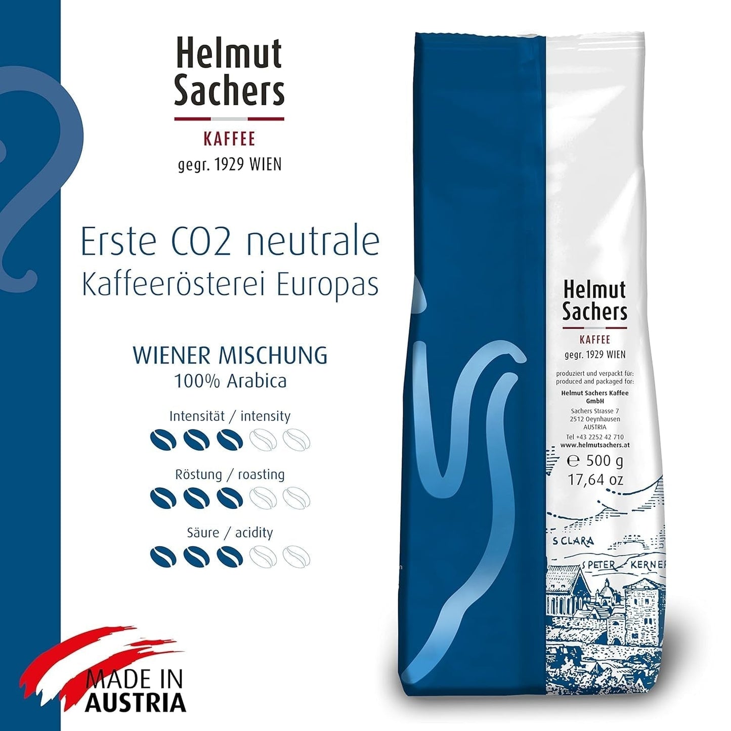 Helmut Sachers Kaffee - Mélange viennois, force 3/5, 100 % Arabica, grains de café entiers, 6 X 500G Naty Shop