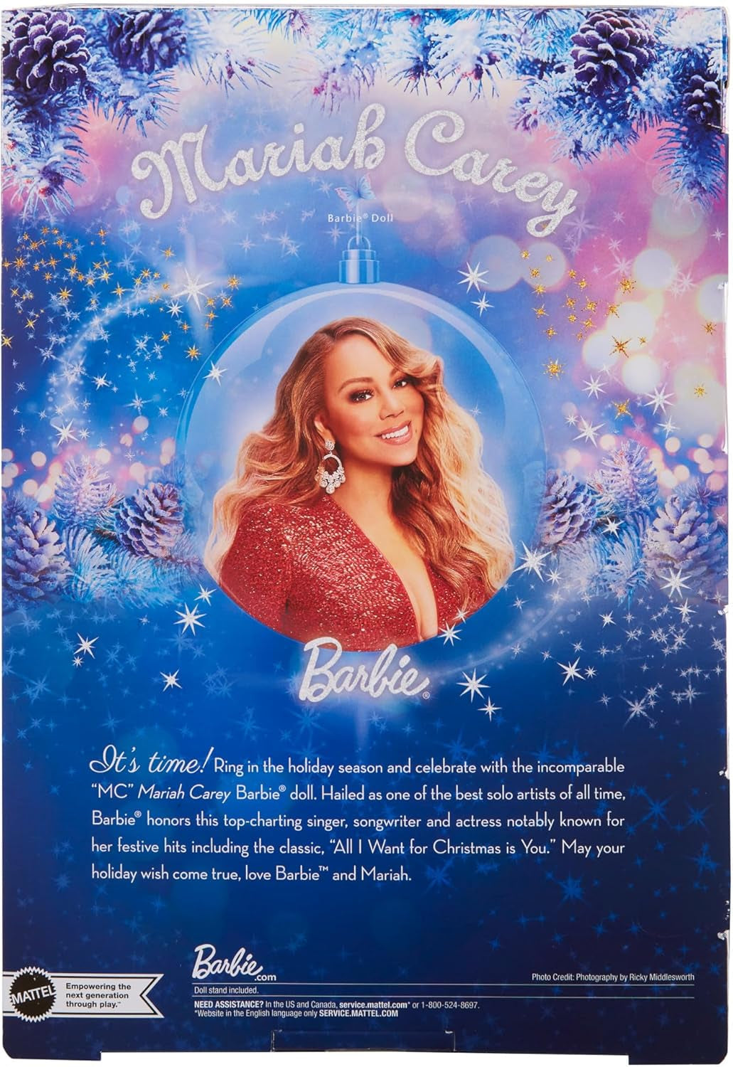 Barbie Mariah Carey - Poupée de collection avec robe rouge scintillante, volants, fente, boucles charmantes, accessoires argentés, talons hauts rouges, tradition de Noël, décoration, HJX17