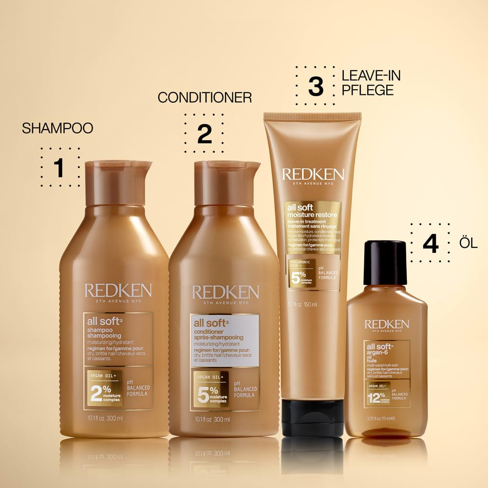 Redken Masque Capillaire à l'Acide Hyaluronique pour Cheveux Secs, Anti-Frisottis et Protection Contre la Chaleur jusqu'à 230°C, Masque sans Rinçage All Soft Moisture Restaurer, 1 x 150 ml Naty Shop Masque Capillaire