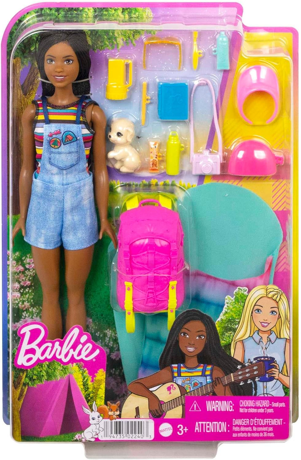 Barbie HDF74 Lot de 2 poupées ! Brooklyn Camping Doll (Brunette avec nattes tressées, env. 29 cm) avec chiot, sac à dos, sac de couchage, 10 accessoires de camping, cadeau pour les enfants à partir de 3 ans