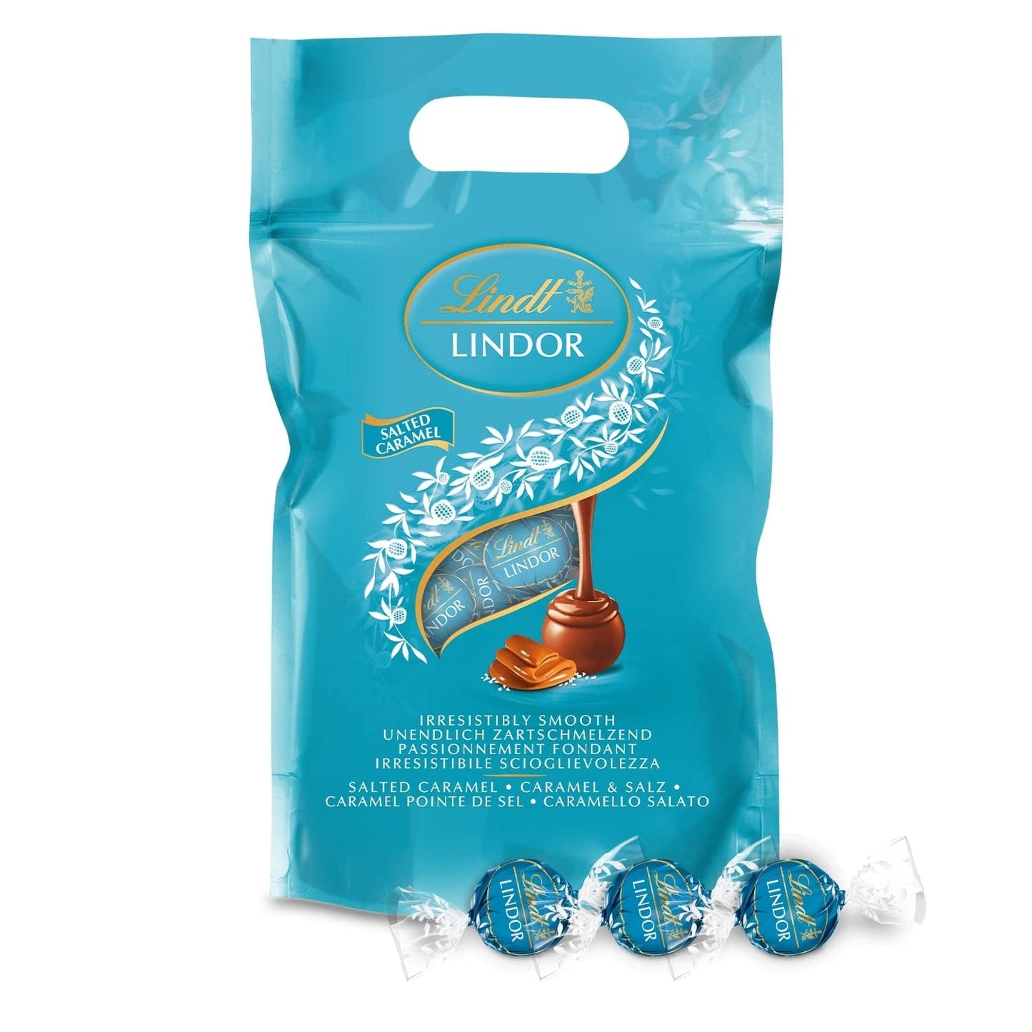 Boules de chocolat LINDOR | Sac refermable de 1 kg | env. 80 boules de chocolat au lait fourrées à la menthe | Emballage en vrac et boules de chocolat au caramel salé LINDOR