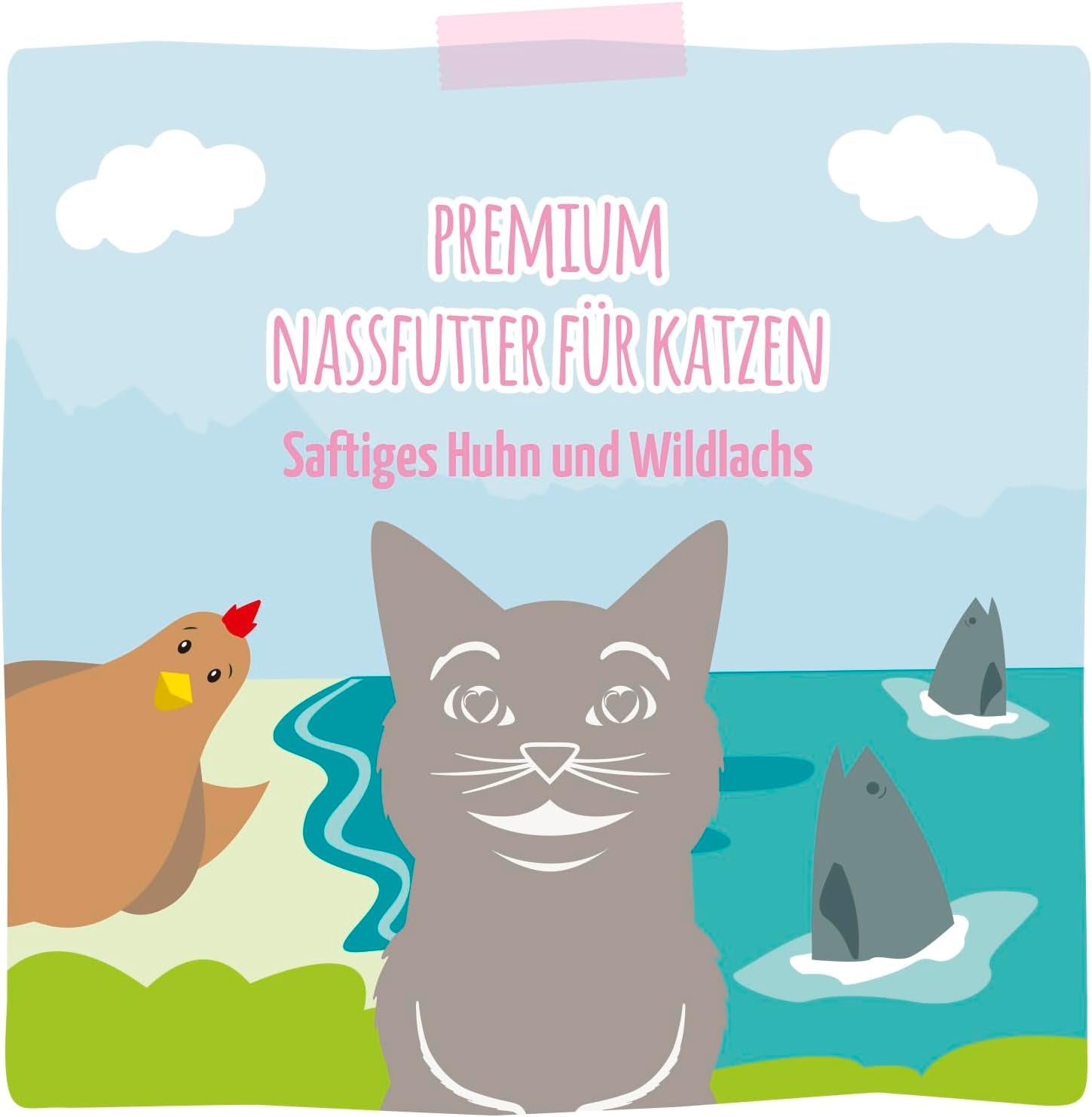 MjAMjAM - Nourriture humide de qualité supérieure pour chats - Paquet de 6 poulet juteux et saumon sauvage (6 x 400 g) sans céréales avec viande supplémentaire