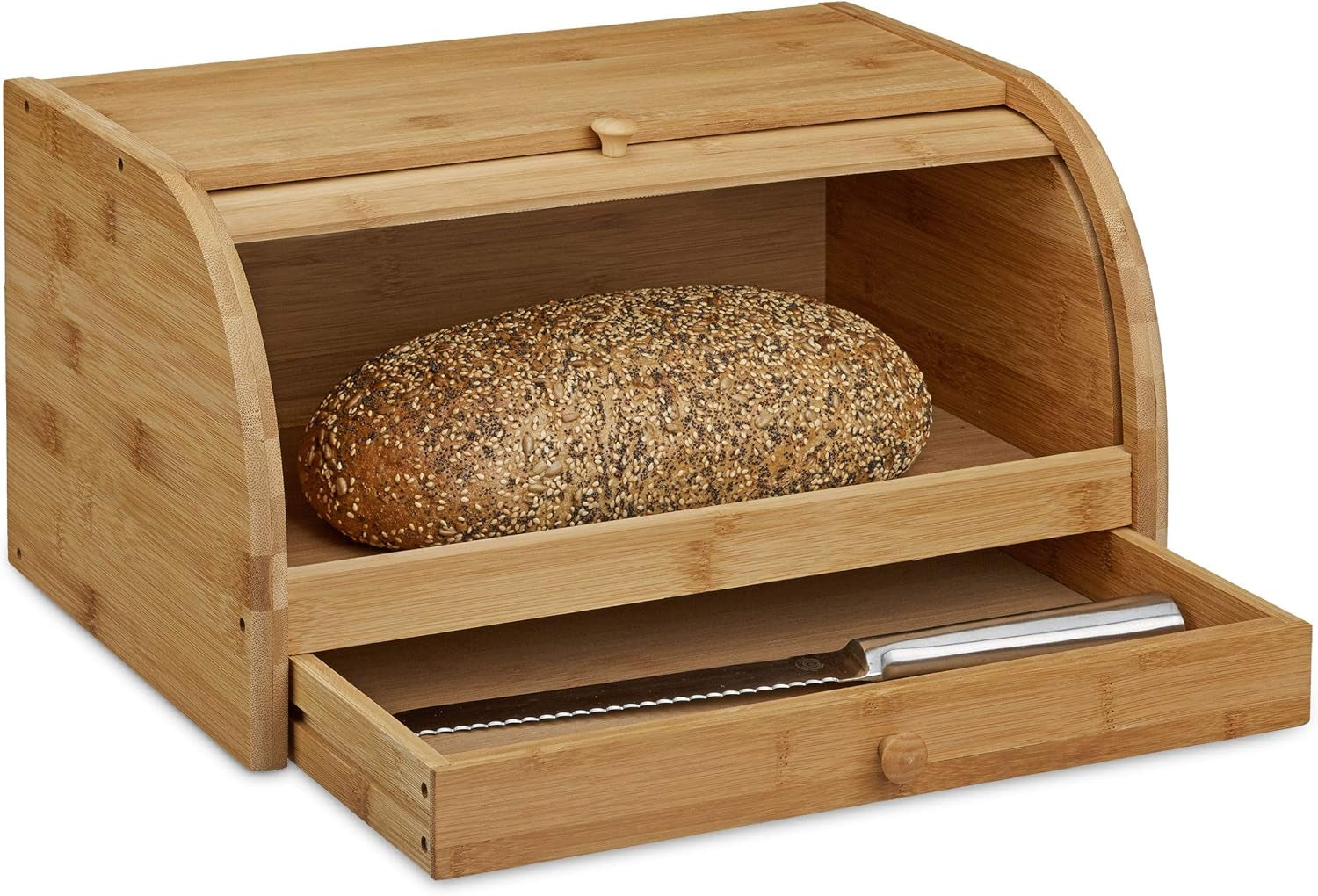 Corbeille à pain roulante Relaxdays avec tiroir, bambou, HxLxP : 21 x 40,5 x 28 cm, planche à découper en bois, naturel & bambou env. 3 x 37 x 21,5 cm Planche à découper avec ramasse-miettes pour un nettoyage facile naturel Boîtes de conservation des aliments Naty Shop