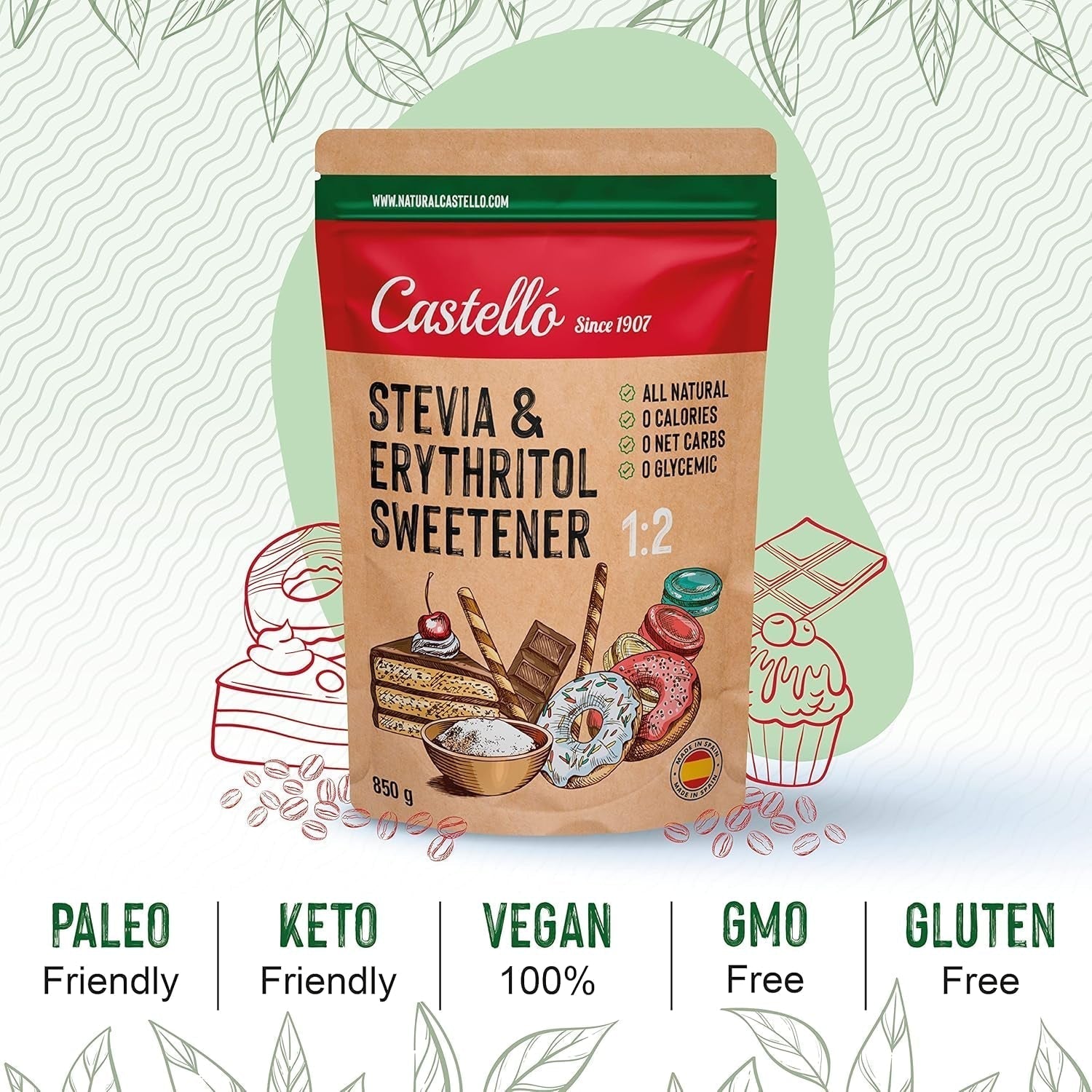 Stevia + Erythritol 1:2 Tissu doux | 1G = 2G Zucker | Ingrédients 100% naturels - 0 calories - 0 indice glycémique - Keto et Paleo - 0 netto-khlenhydrate - Kein GVO - Castello depuis 1907 - 850 G Édulcorants Naty Shop