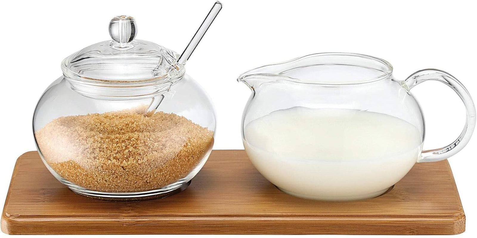 Service à sucre/crème en verre avec plateau en bambou, 14580