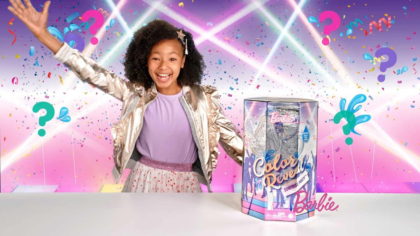 Barbie GXJ88 - Fête surprise de révélation de couleurs, +50 surprises : 1 poupée, 1 poupée Chelsea, 2 animaux, 6 changements de couleur, accessoires et plus encore, ensemble de soirée dansante, cadeau jouet pour enfants de 3 ans et plus