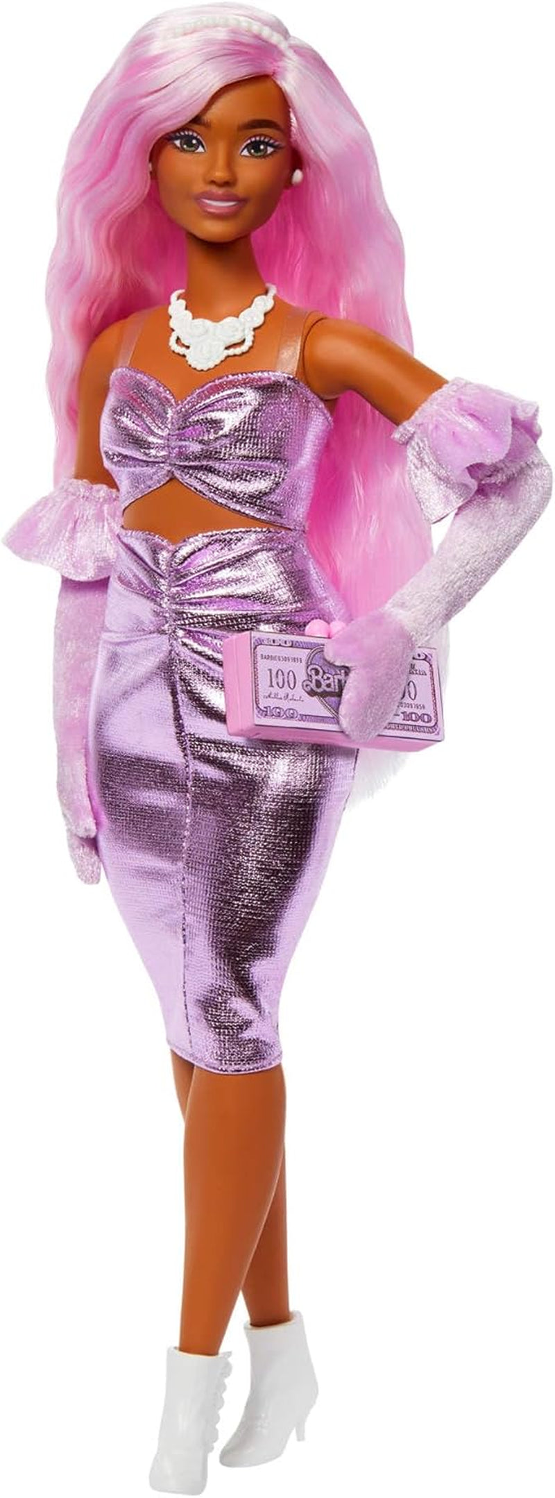 Poupée Barbie Deluxe Style no. 3 avec tenue Barbiecore, cheveux blonds en chignon haut, robe rose pastel avec nœud surdimensionné et accessoires comme des collants résille, HYV27 Pink Naty Shop Dolls