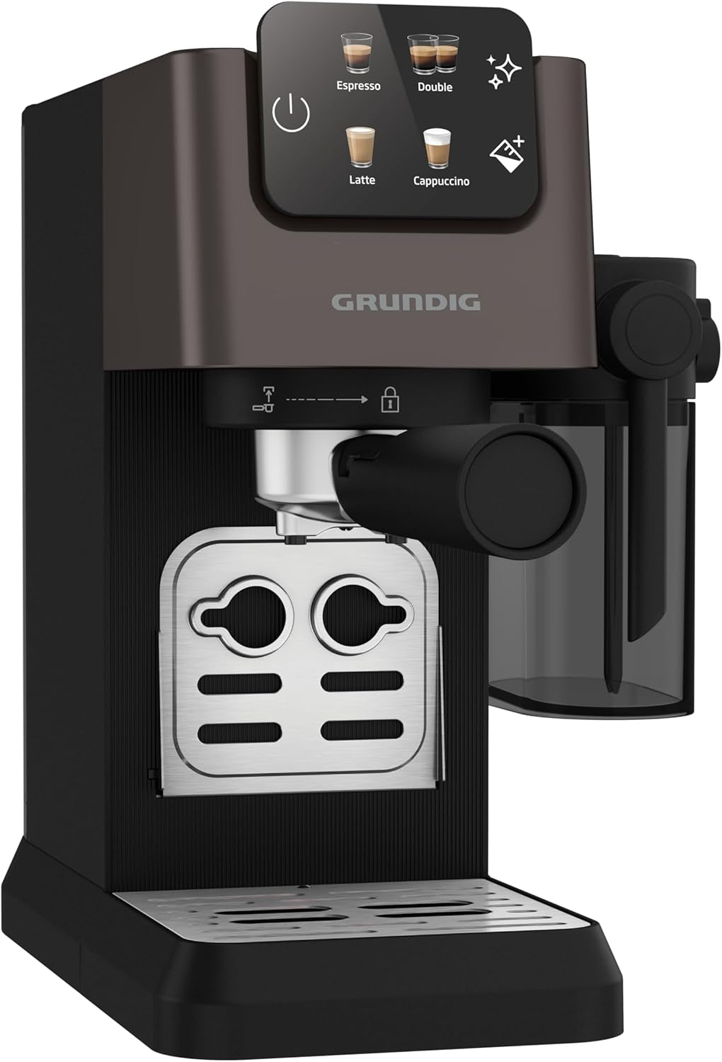 Machine à expresso porte-filtre GRUNDIG KSM 5330 avec réservoir à lait intégré, puissance 1628 W, pression de pompe 15 bar, double buse, écran tactile couleur, BrewSense, CreamyPro, acier inoxydable foncé/noir