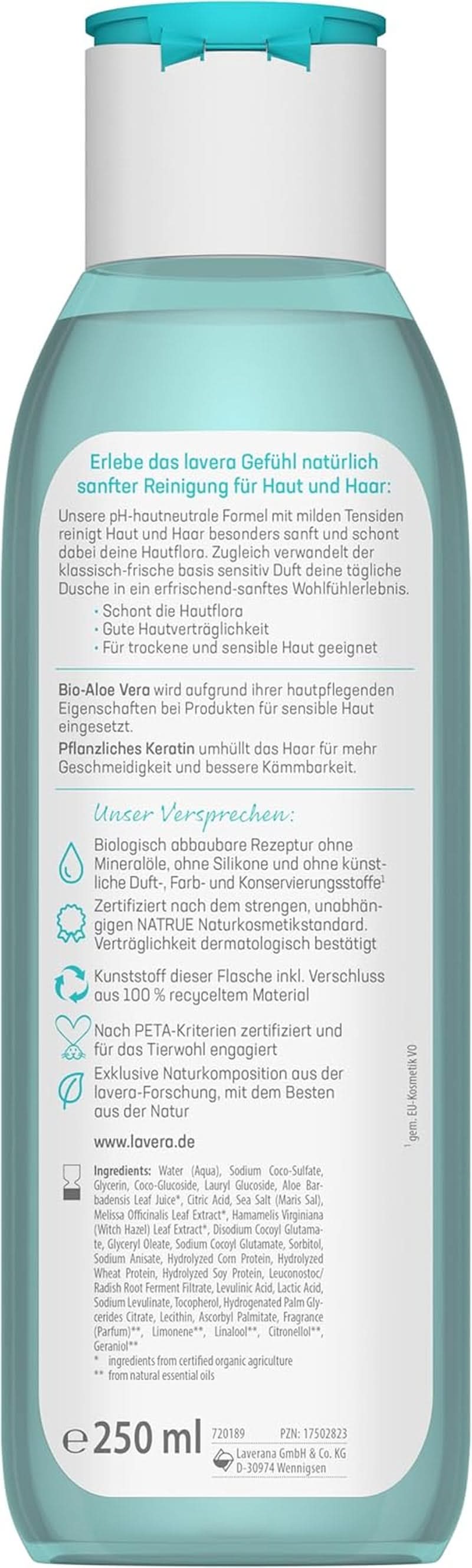 Lavera Care Basis Sensitiv 2 en 1, Shampoing et gel douche à l'aloe vera bio et kératine végétale, 250 ml Douche et bain Naty Shop