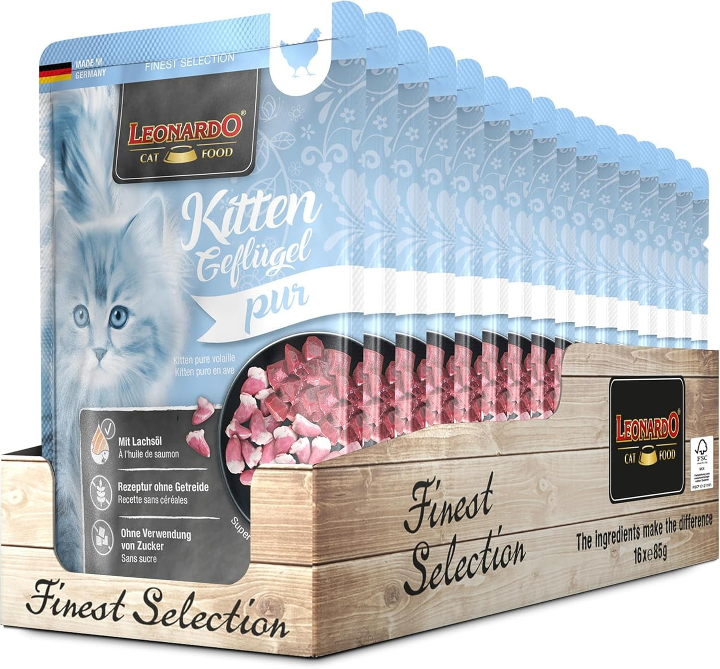 LEONARDO Fresh Pouches [16 x 85 g de nourriture humide pour chat, sans céréales] | Aliment humide complet en sachets individuels