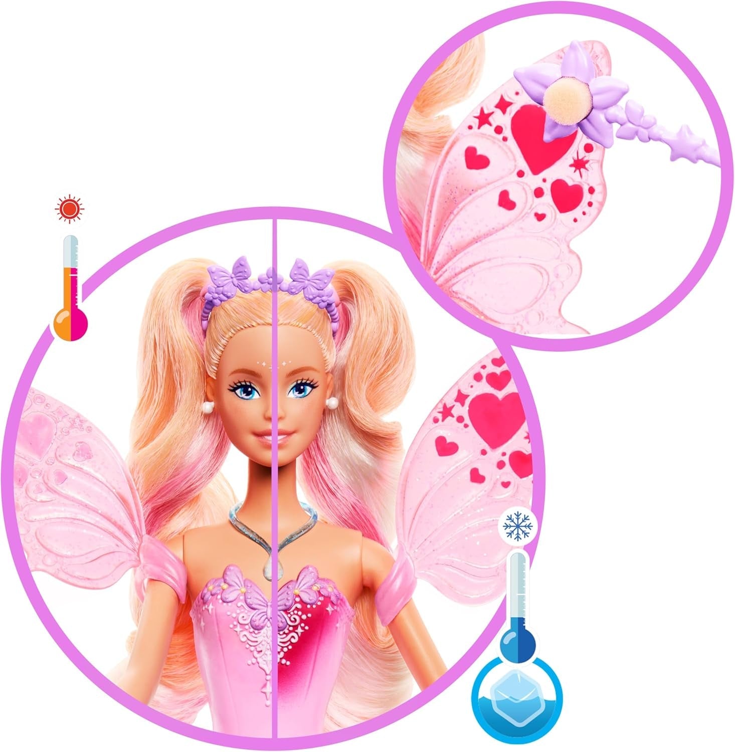Mattel Poupée Barbie Fée avec baguette jouet et accessoires de mode, thème fantastique avec ailes et tenue changeante de couleur, JCP76, [Multicolore] Naty Shop Dolls