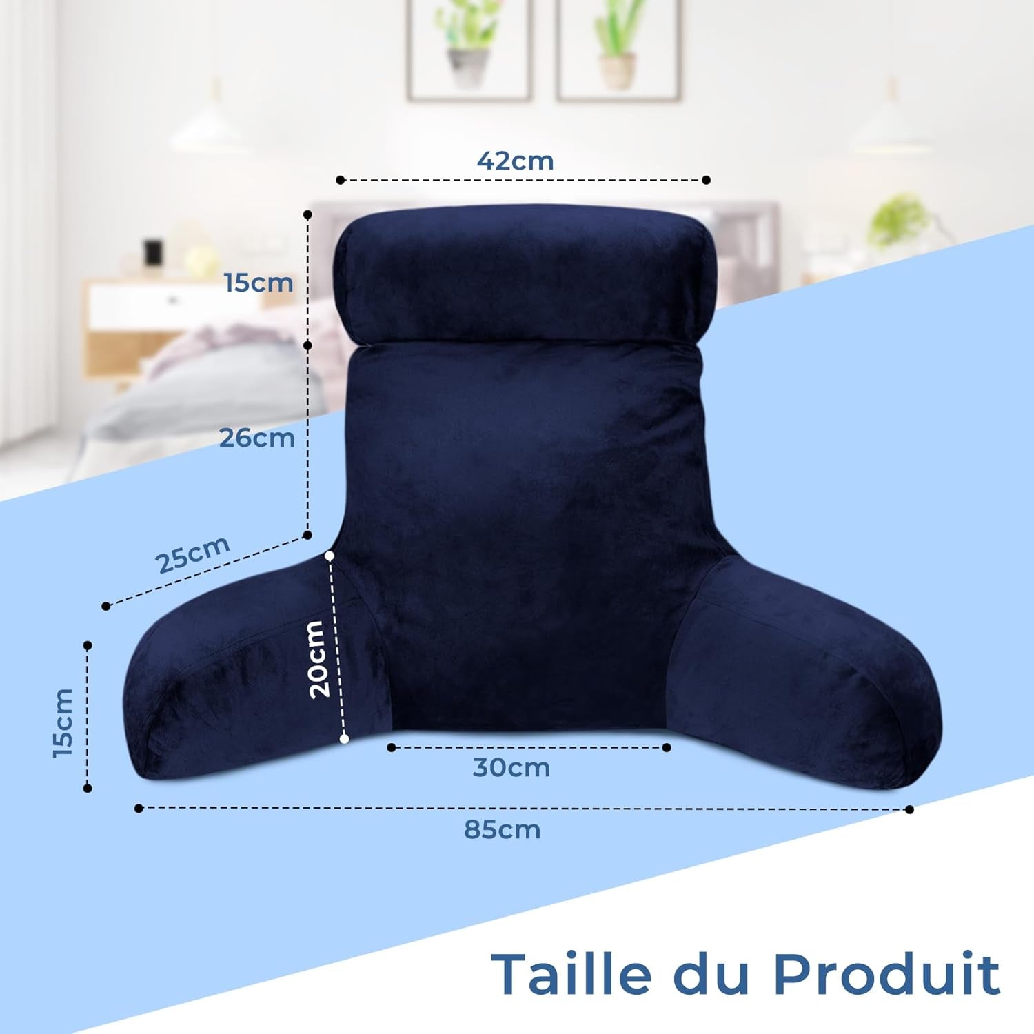 Oreiller de lecture ergonomique INFANZIA avec accoudoirs, support dorsal, bleu marine