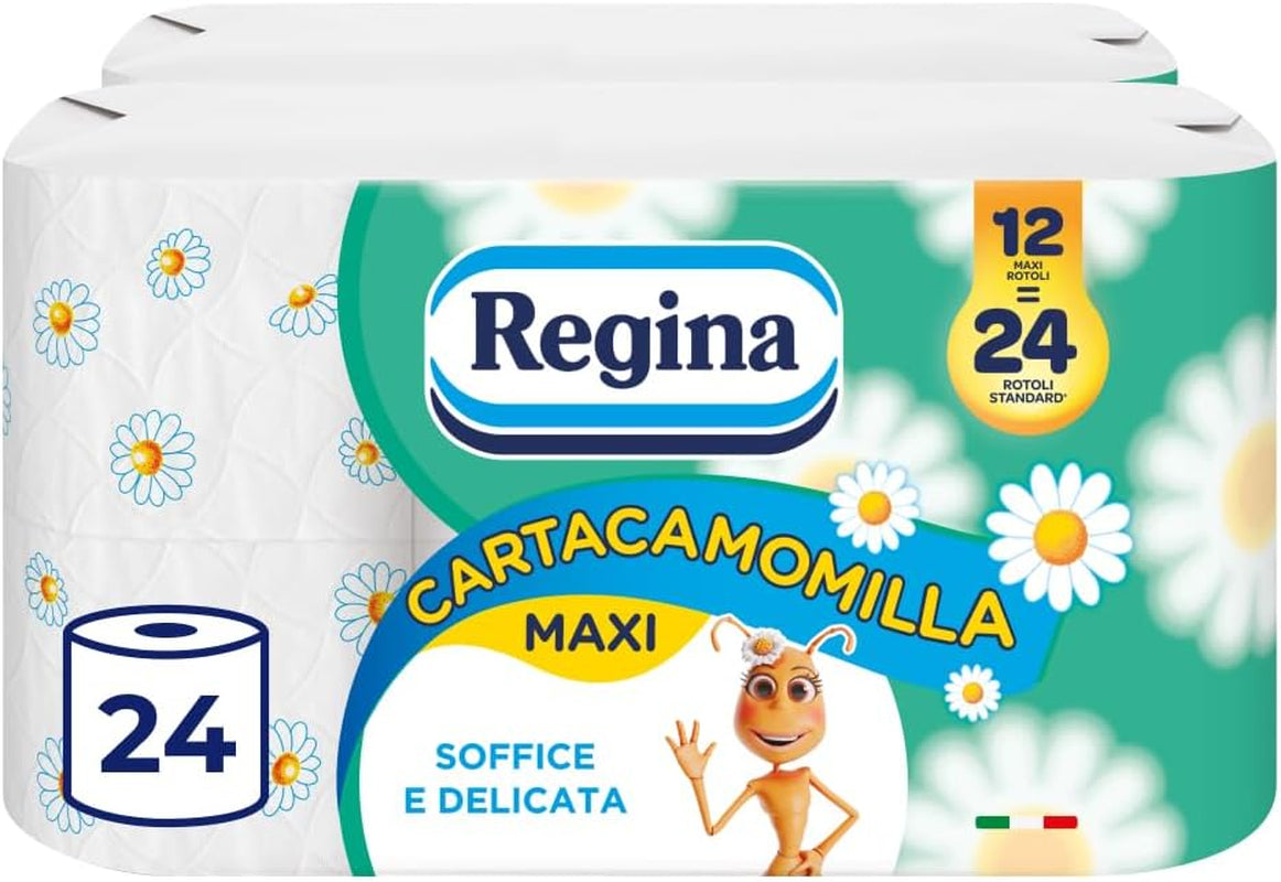 Regina Cartacamomilla - 8 rouleaux de papier toilette, 300 feuilles moelleuses, 3 épaisseurs, doux et ferme, emballage en papier recyclable