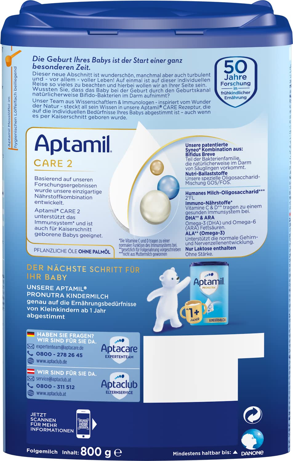 Aptamil Care 2 - Lait de suite après 6 mois, avec Oméga 3 et 6, DHA et ARA, sans huile de palme, nourriture pour bébé, lait en poudre, 1 x 800 g (pack de 3)
