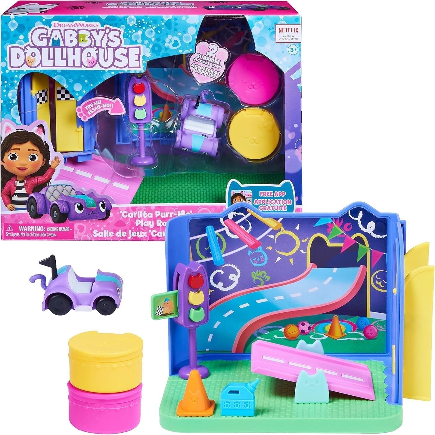 Gabby's Dollhouse Deluxe Room, Purr-Ific Playroom, Salle de jeux avec voiture jouet Carlita, 2 meubles et 2 boîtes surprises avec accessoires, à partir de 3 ans Naty Shop Dollhouses Multicolore