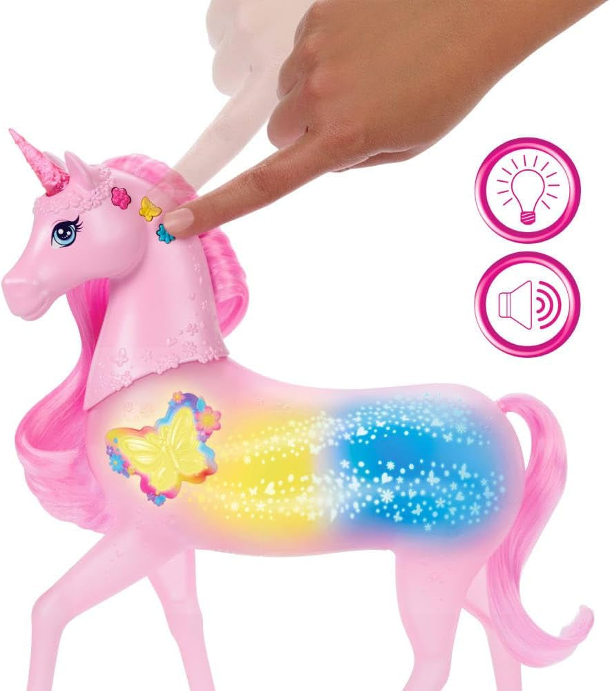 Licorne Barbie qui brille dans le noir avec 20 combinaisons interactives d'effets lumineux, sonores et musicaux pour jouer avec des boutons-poussoirs et des coups de tête, JCP78