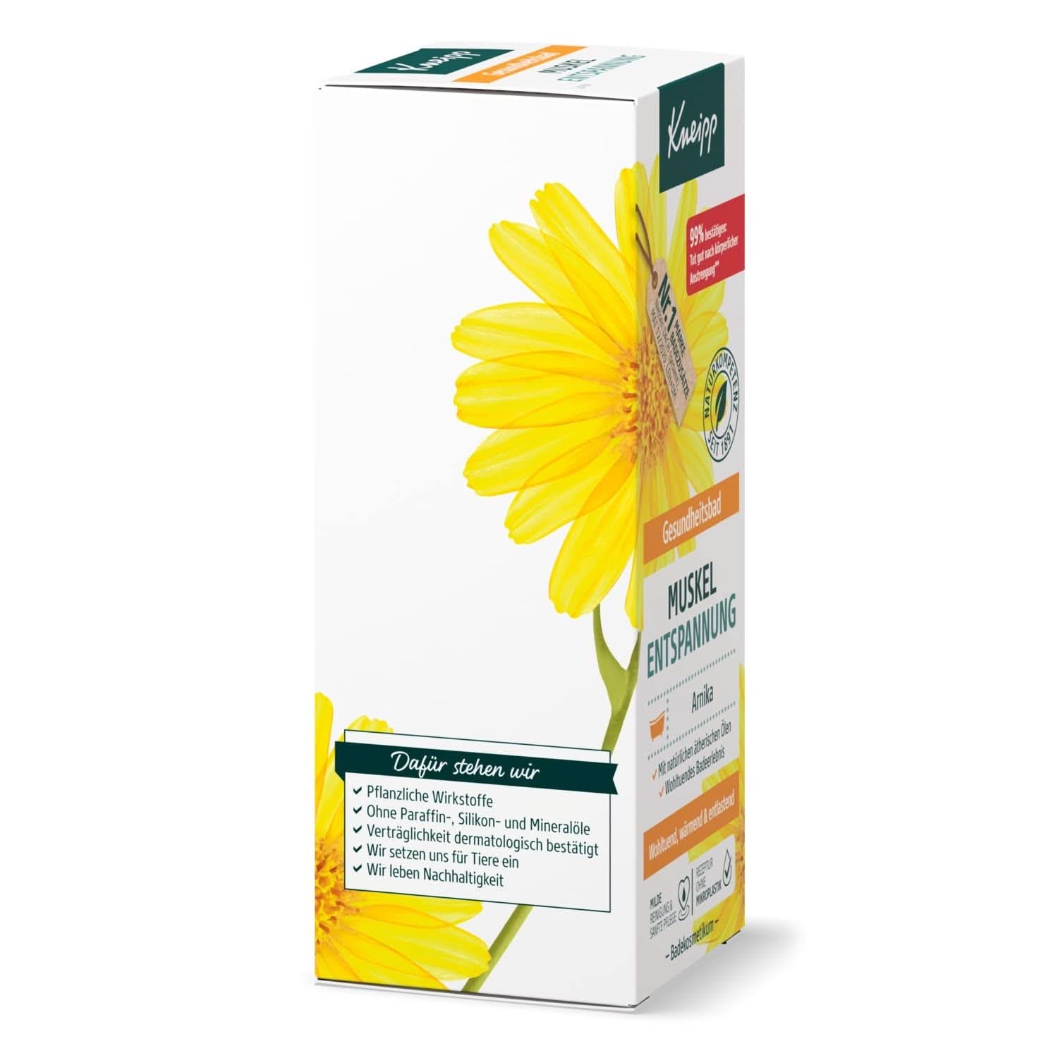 Bain Santé Kneipp, Relaxation musculaire, Huile de bain à l'extrait d'arnica et aux huiles essentielles des espèces de Cabreuva, Romarin et Pinus, revitalise et cicatrise après un effort physique, 100 ml Naty Shop