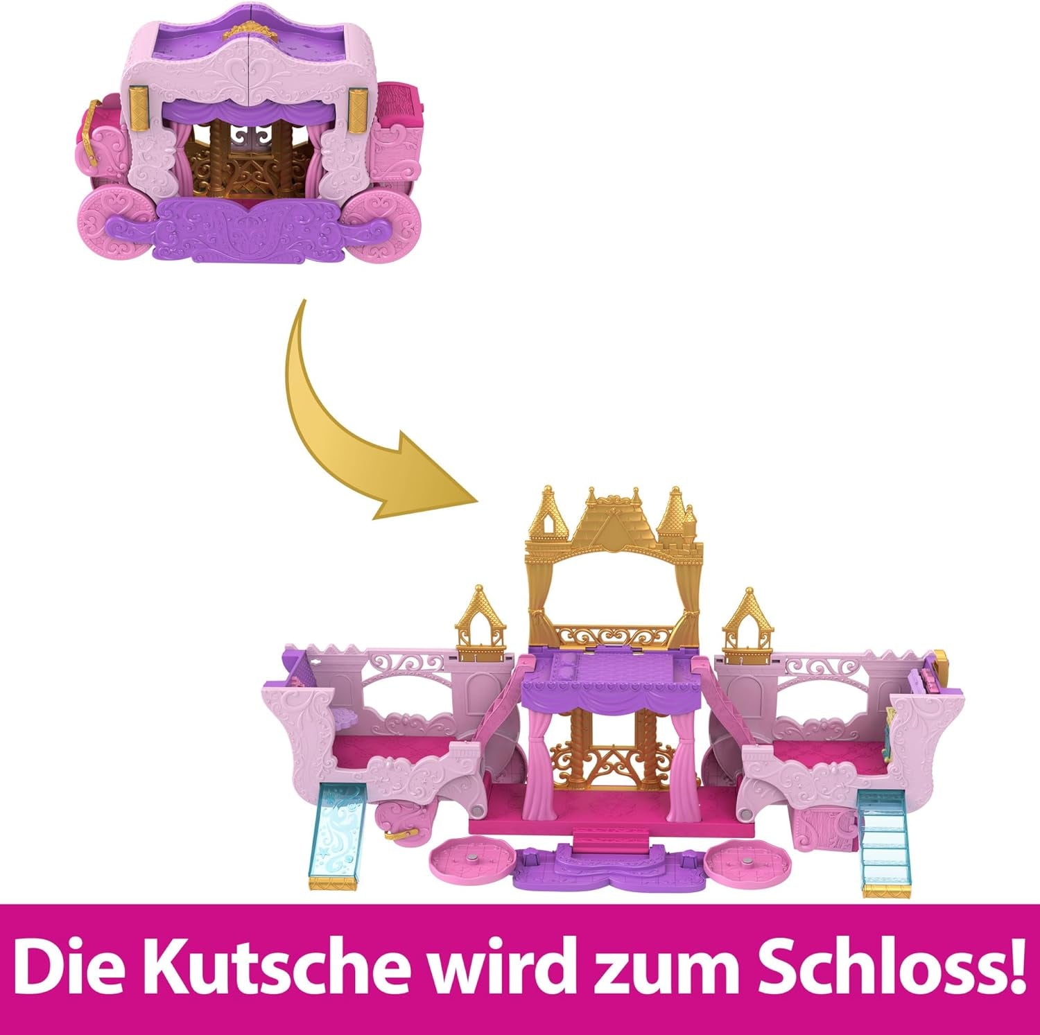 Mattel Disney Princess Transformation Playset Transport au château avec mini poupée Aurora, 3 niveaux, 6 aires de jeu, 4 figurines, meubles et accessoires HWX17