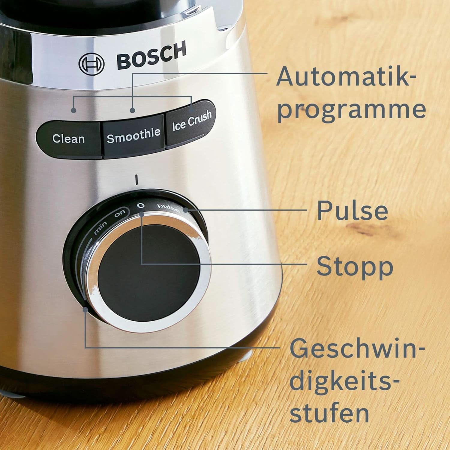 Bosch Batteur sur socle Vitapower Serie 4 MMB6382M, Edelstahl-Klingen Fabriqué en Allemagne, 1,5L Thermosafe Glasbehälter, Stopfer, Sicherheitsdeckel, Spülmaschinengeeignete Teile, 30 000 U/Min, 1200 W, Edelstahl Kitchen Naty Shop