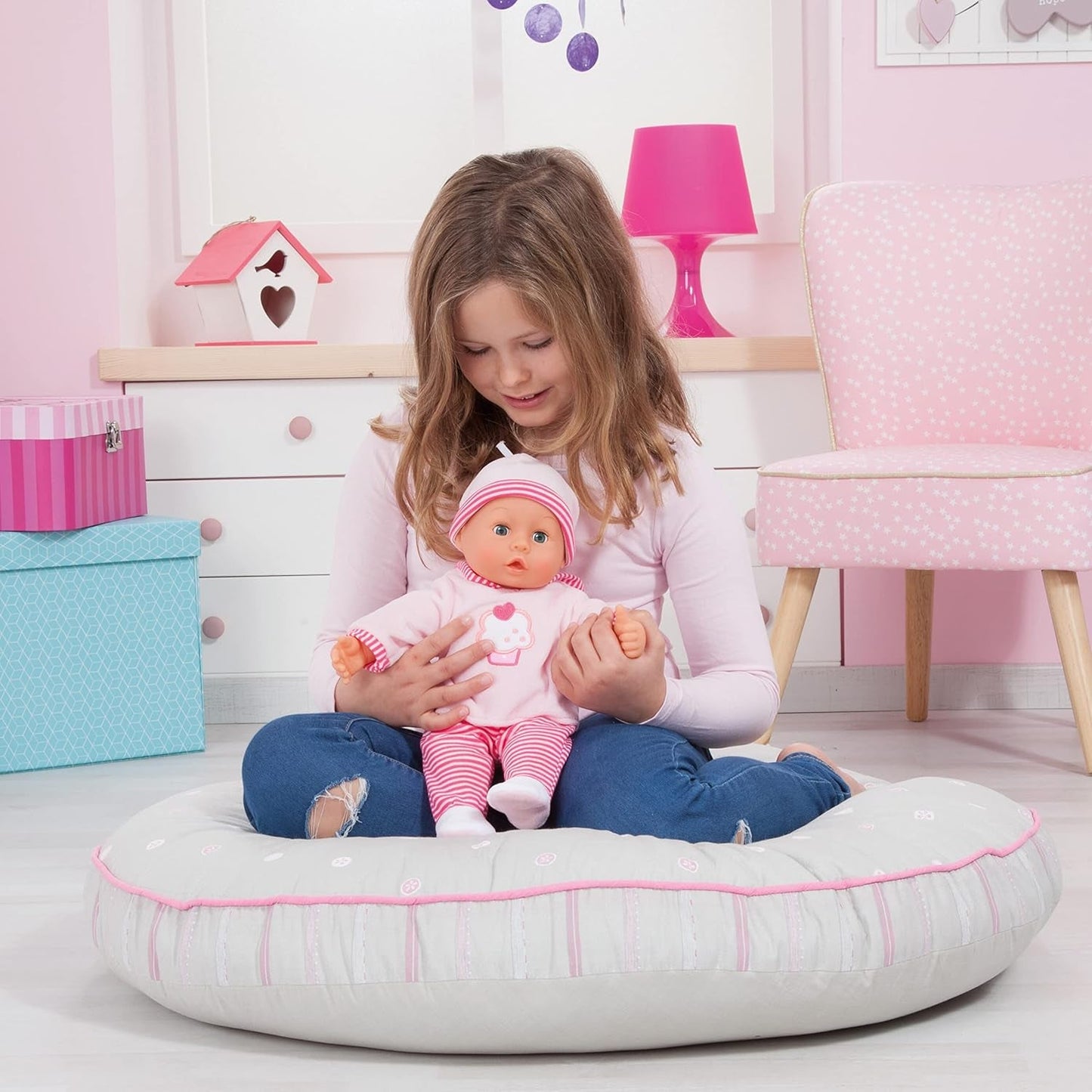 Babypuppe First Words mit Schlafaugen, spricht 24 Babylaute, mit Schnuller et Flasche, 38 cm, Rosa/Streifen