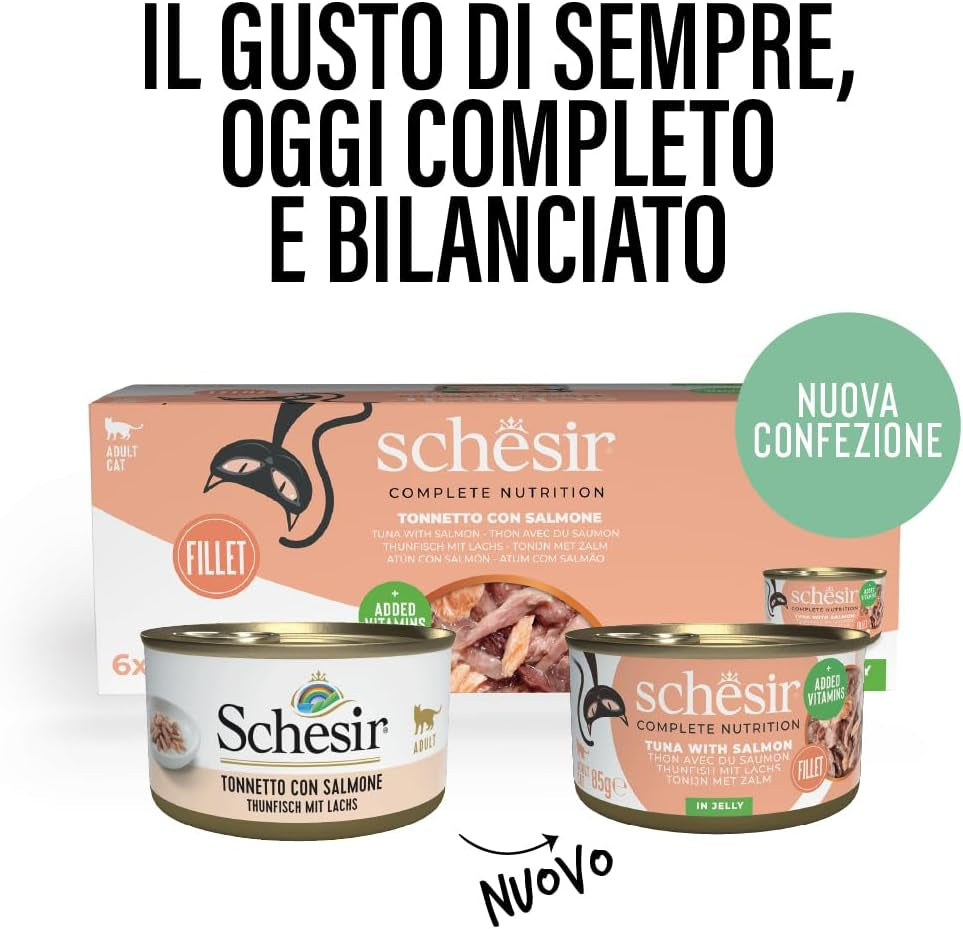 Thon Saumon en Gelée, Aliment Humide Complet pour Chats, en Conserve, avec Vitamines Ajoutées, 100% Naturel, 6 x 85 g