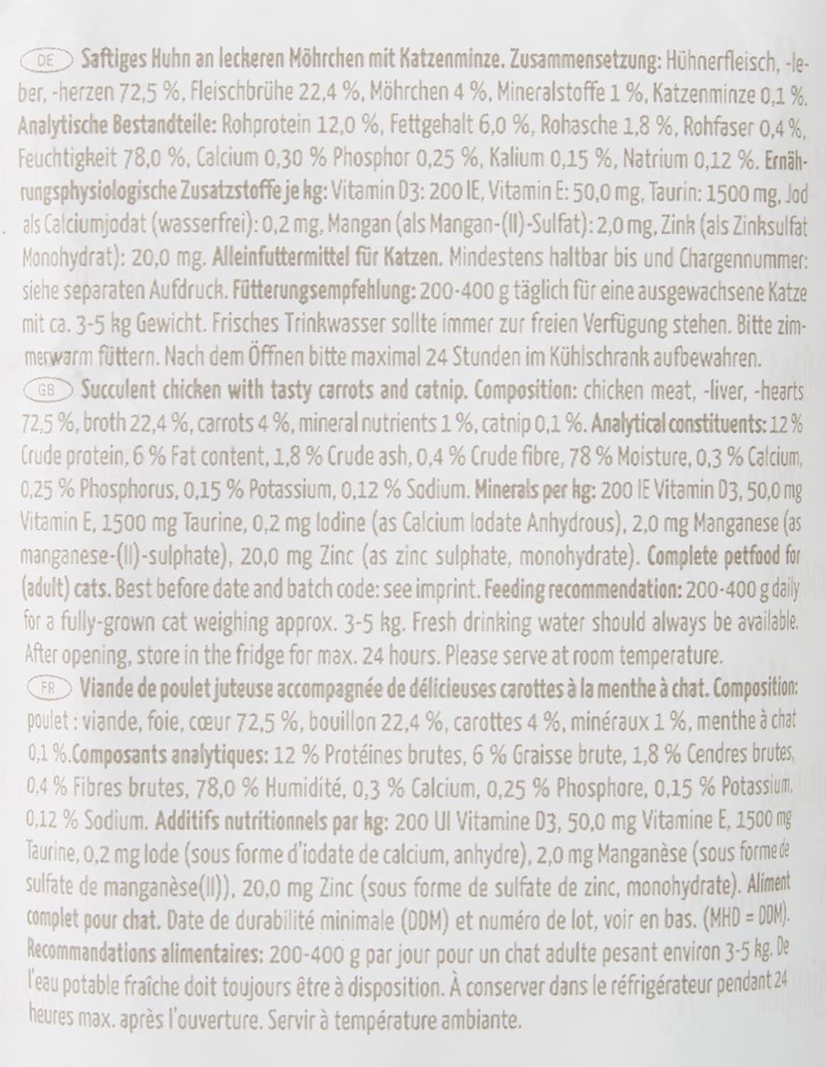 MjAMjAM - Nourriture humide de qualité supérieure pour chats – Sachet compressible – Poulet juteux avec de délicieuses carottes, paquet de 12 (12 x 125 g) sans céréales avec viande supplémentaire
