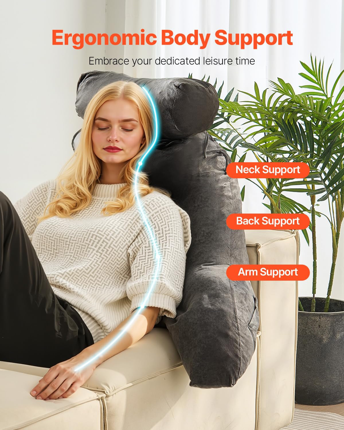 VEVOR Oreiller de lecture, oreiller de lit (grand) avec appui-tête amovible, oreiller de dos à 3 poches et tissu en velours court lavable et mousse à mémoire de forme déchiquetée, côté avec poignée, pour regarder la télévision, lire, jouer
