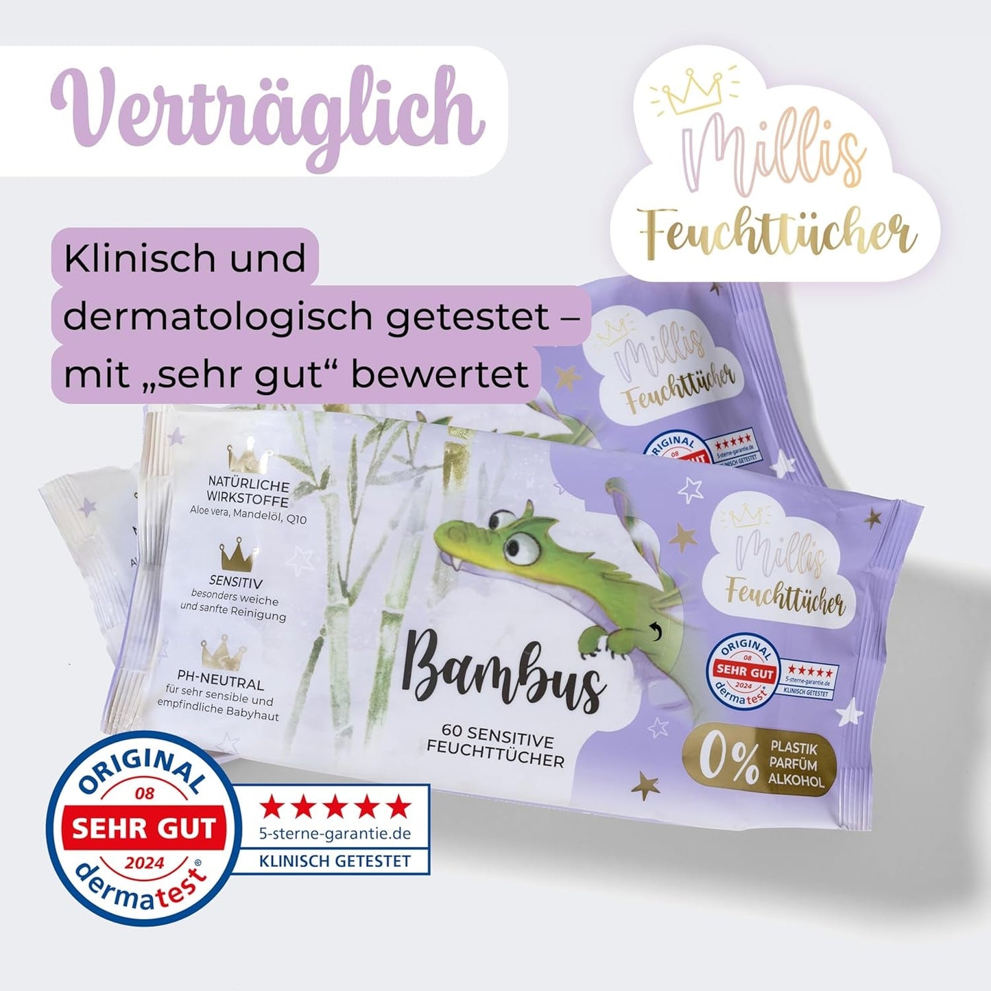 Lingettes humides Millis Bamboo Baby Sensitive pour peau délicate de bébé - 5 x 60 pièces - Nettoyage naturel, doux et durable - Lingettes bébé biodégradables, sans plastique et sans alcool