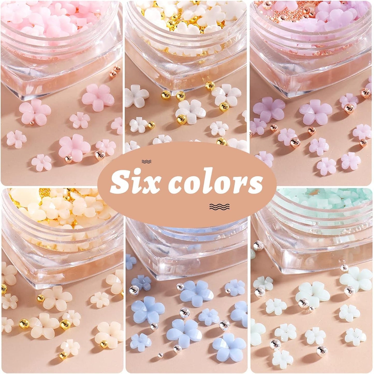 6 boîtes de breloques d'art de fleur 3D, strass de fleur en acrylique avec ornements en or et perles d'argent, bijoux en perles d'argent, accessoires de décoration pour les femmes, les femmes, conception de bijoux DIY, décoration de base…