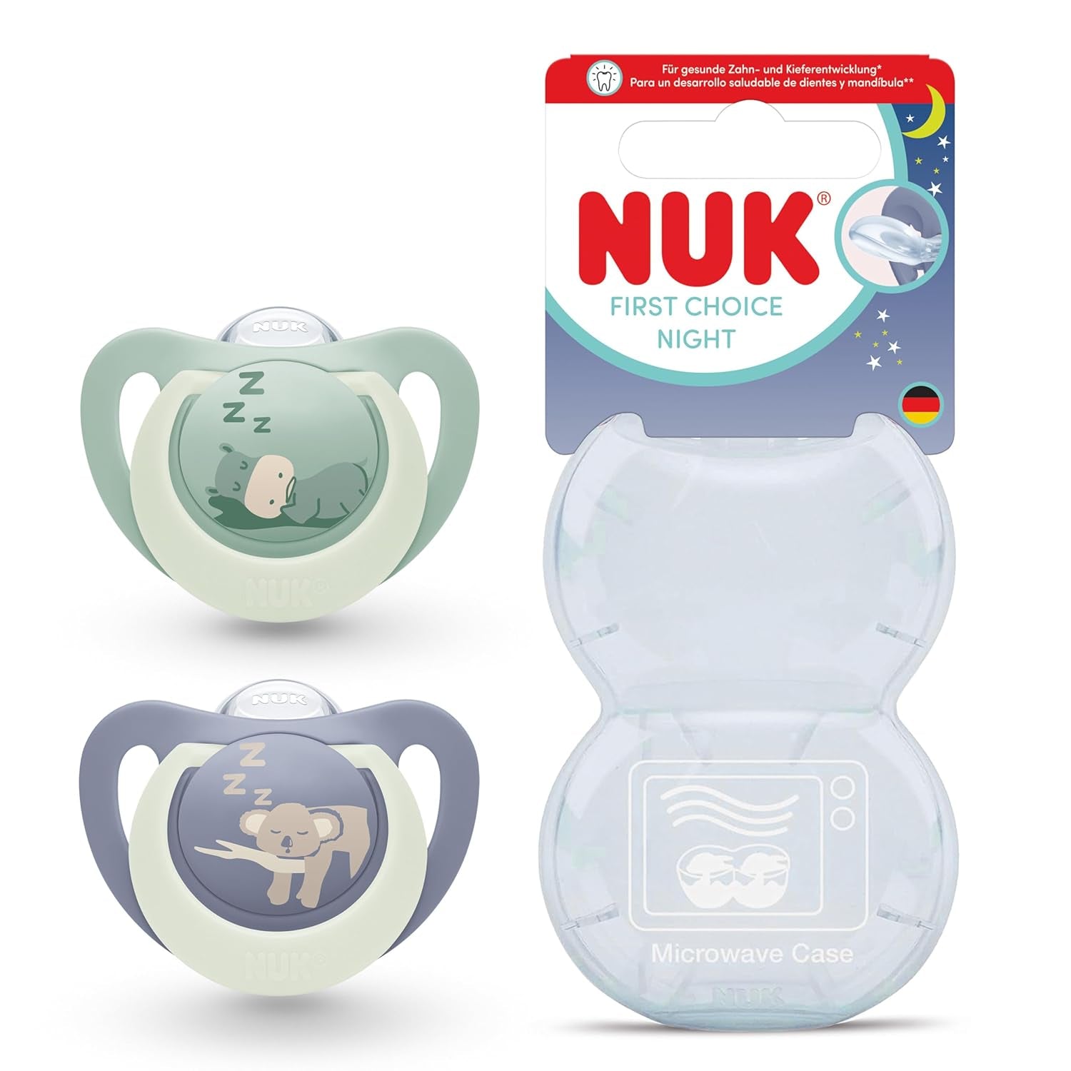 Sucettes NUK First Choice Night pour bébés | 6-18 mois | Sucettes orthodontiques qui brillent dans le noir | Apaise 99% des bébés** | Hippopotame/Koala | Paquet de 2