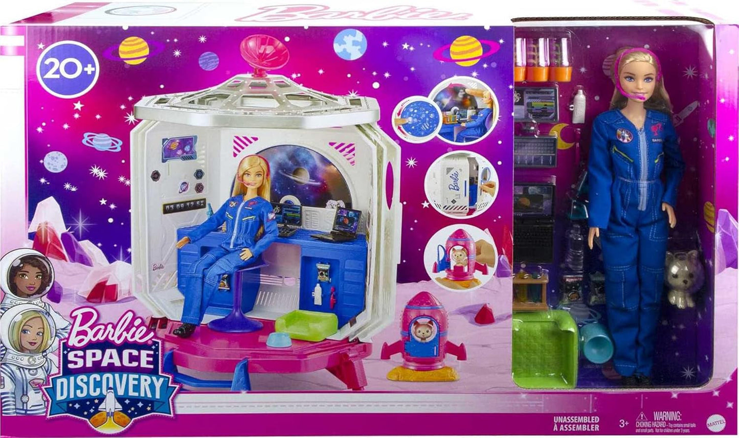 Barbie GXF27 - Station spatiale Aventure spatiale, poupée spatiale, chiot, poste de travail, scènes spatiales, 20 accessoires, jouet cadeau pour enfants à partir de 3 ans