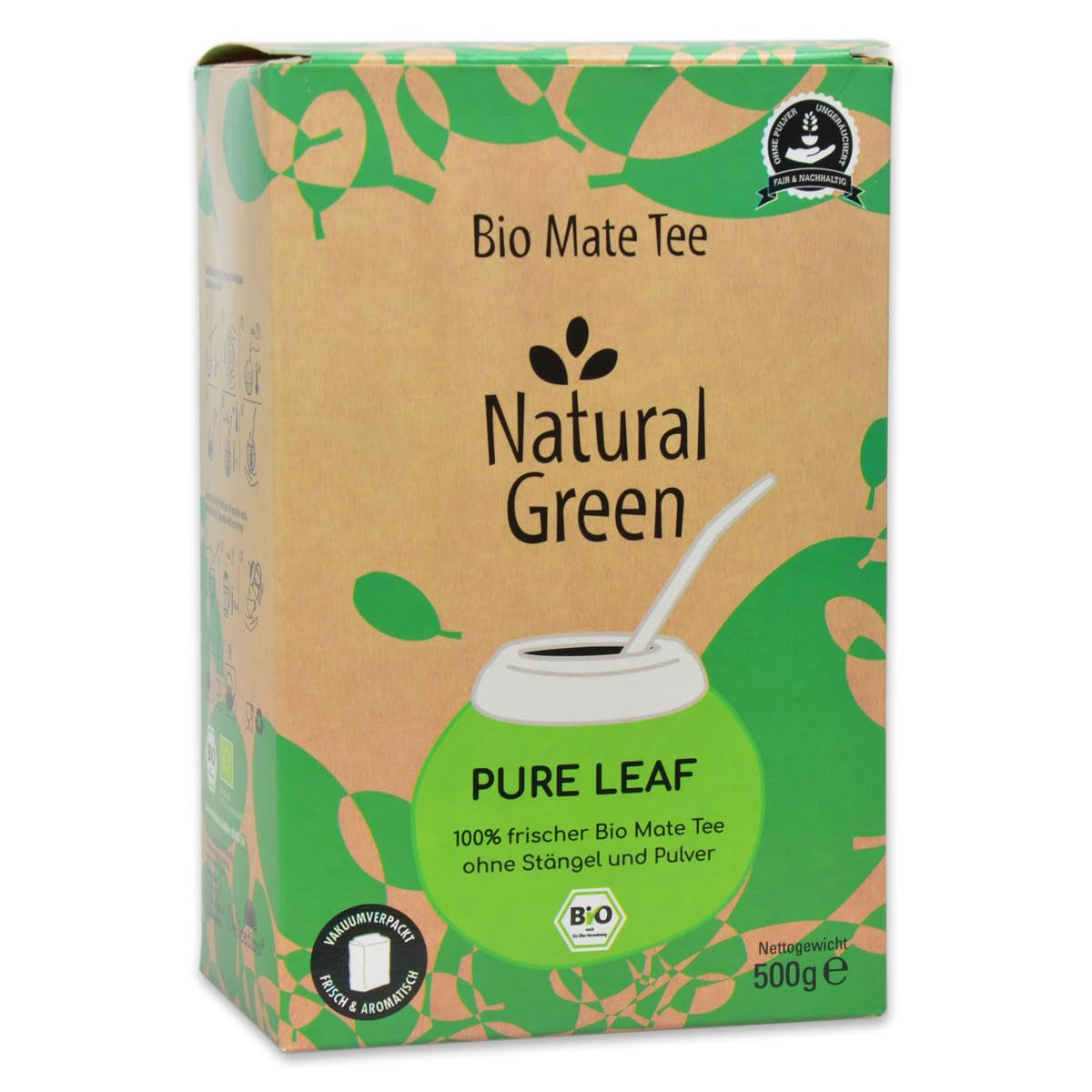 Delicatino - PURE LEAF vert naturel 500G, yerba mate biologique sans tige, frais et sans fumée, cultivé biologiquement, emballé sous vide pour une fraîcheur maximale