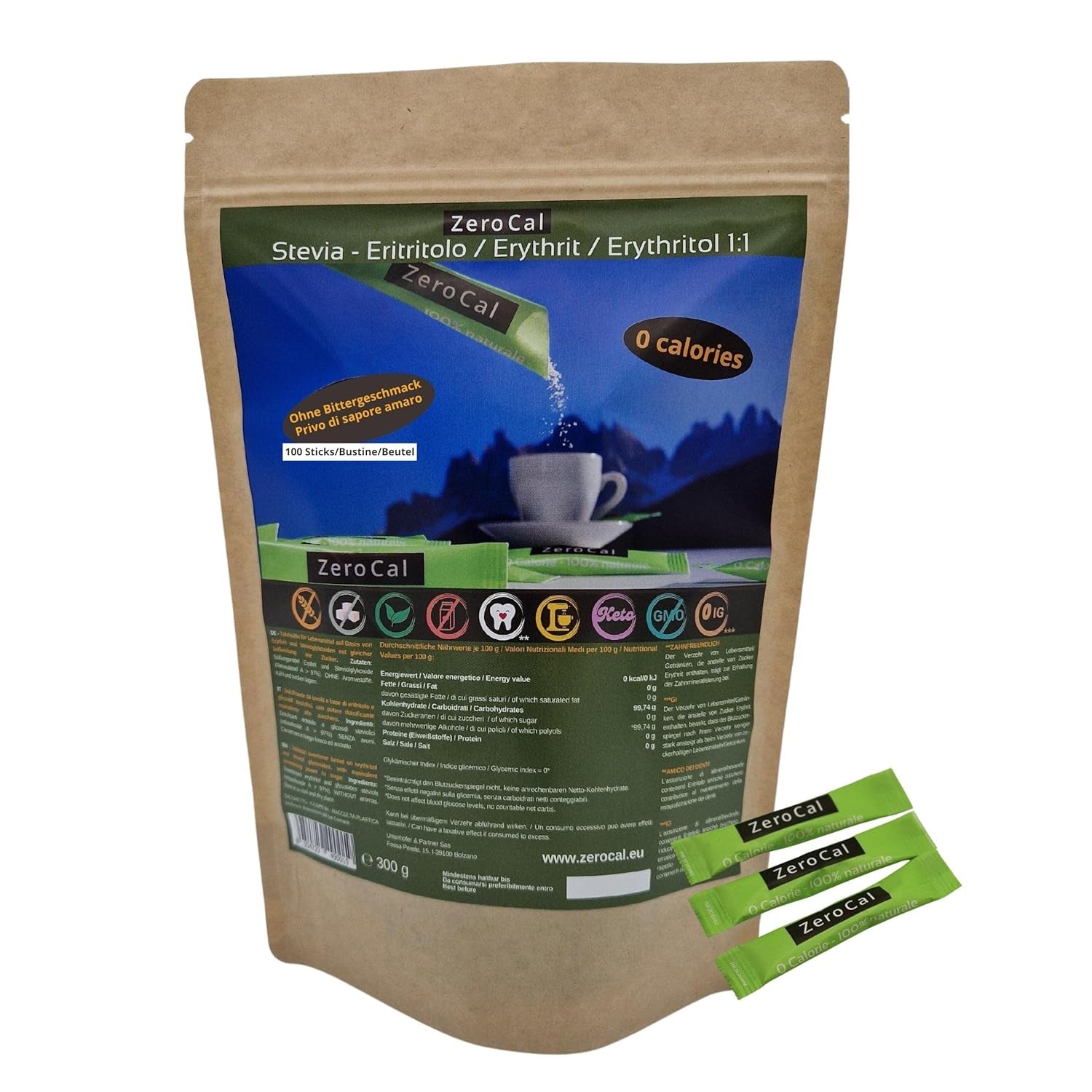 Zerocal - 1:1 (Érythritol + Stevia) 100 Sticks Je 3 G | Idéal pour sucrer le café, le thé et d'autres boissons Gleiche Süßkraft Von Zucker | Sans gluten, végétalien, sans OGM | Calorien et IG = 0 Édulcorants Naty Shop Titre par défaut