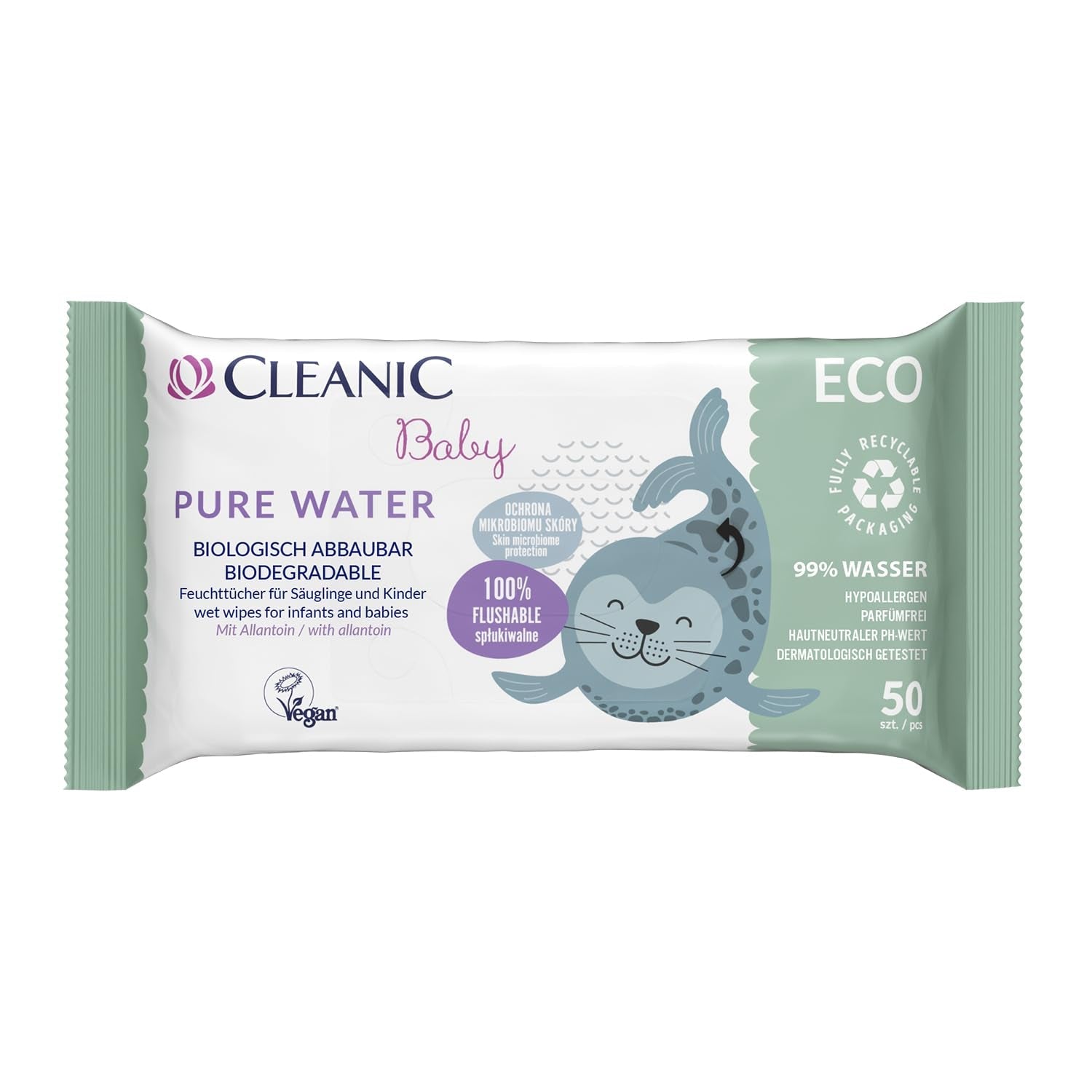 Lingettes humides Cleanic Baby Eco Pure Water – (1 x 50 pcs.) Lingettes humides pour enfants et nourrissons – sans parfum, jetables dans les toilettes, peaux sensibles – 50 pcs.