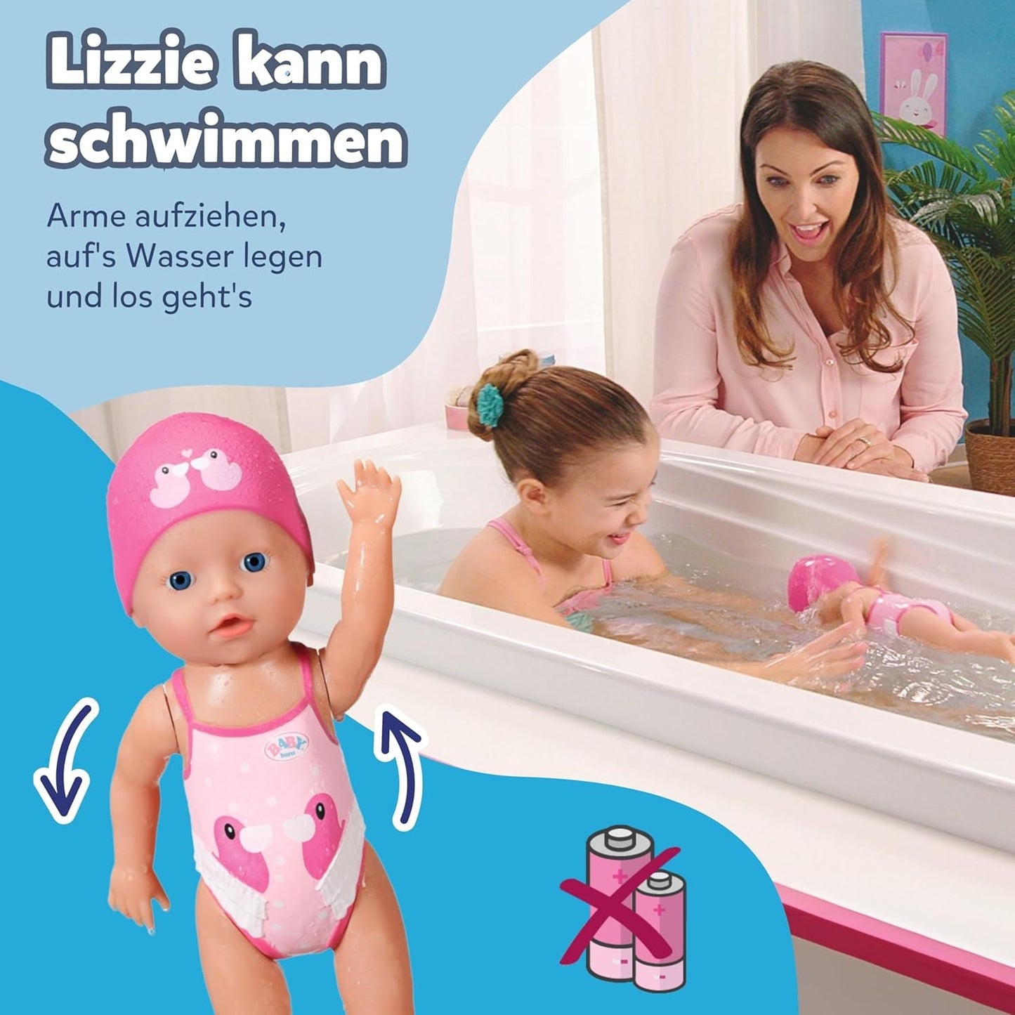 BABY Born My First Swimmer Girl - Poupée 30 cm - Poupée de bain avec mécanisme pivotant, étanche - Fonctionne sans piles - Convient aux enfants de 1 an et plus
