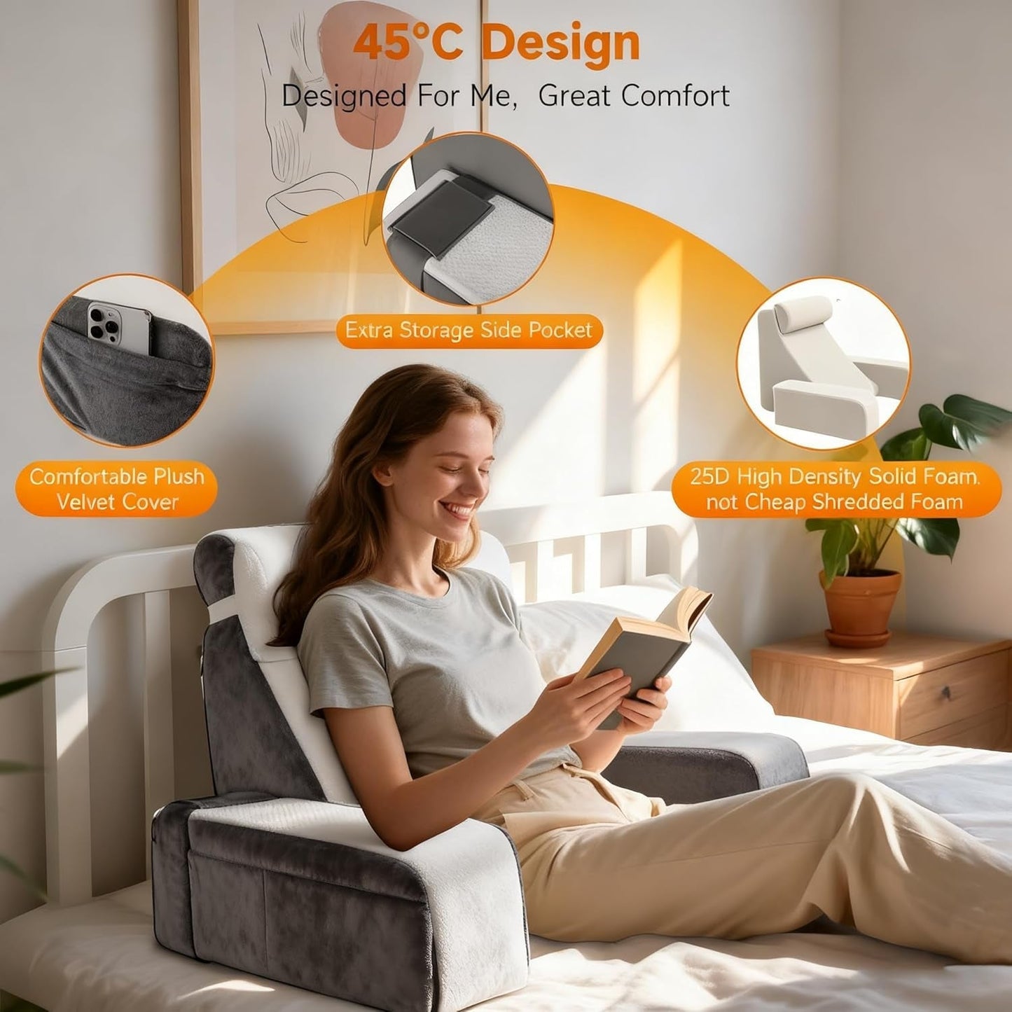 Grand coussin de lecture avec repose-nuque et accoudoirs amovibles, coussin de dossier pour lit, coussin de dos ergonomique avec bras, poche et housse lavable pour lire et regarder la télévision.