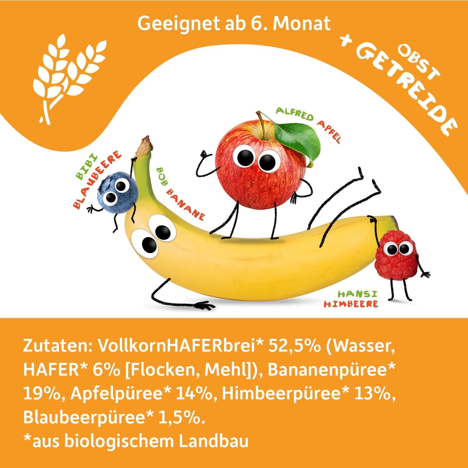 FRECHE FREUNDE Sachet de Fruits Bio Banane, Pomme, Framboise, Myrtille à l'Avoine, Purée de Fruits avec Céréales en Sachet Pressable pour Bébé à partir de 6 Mois, Vegan, Lot de 6 (6 x 100 g)