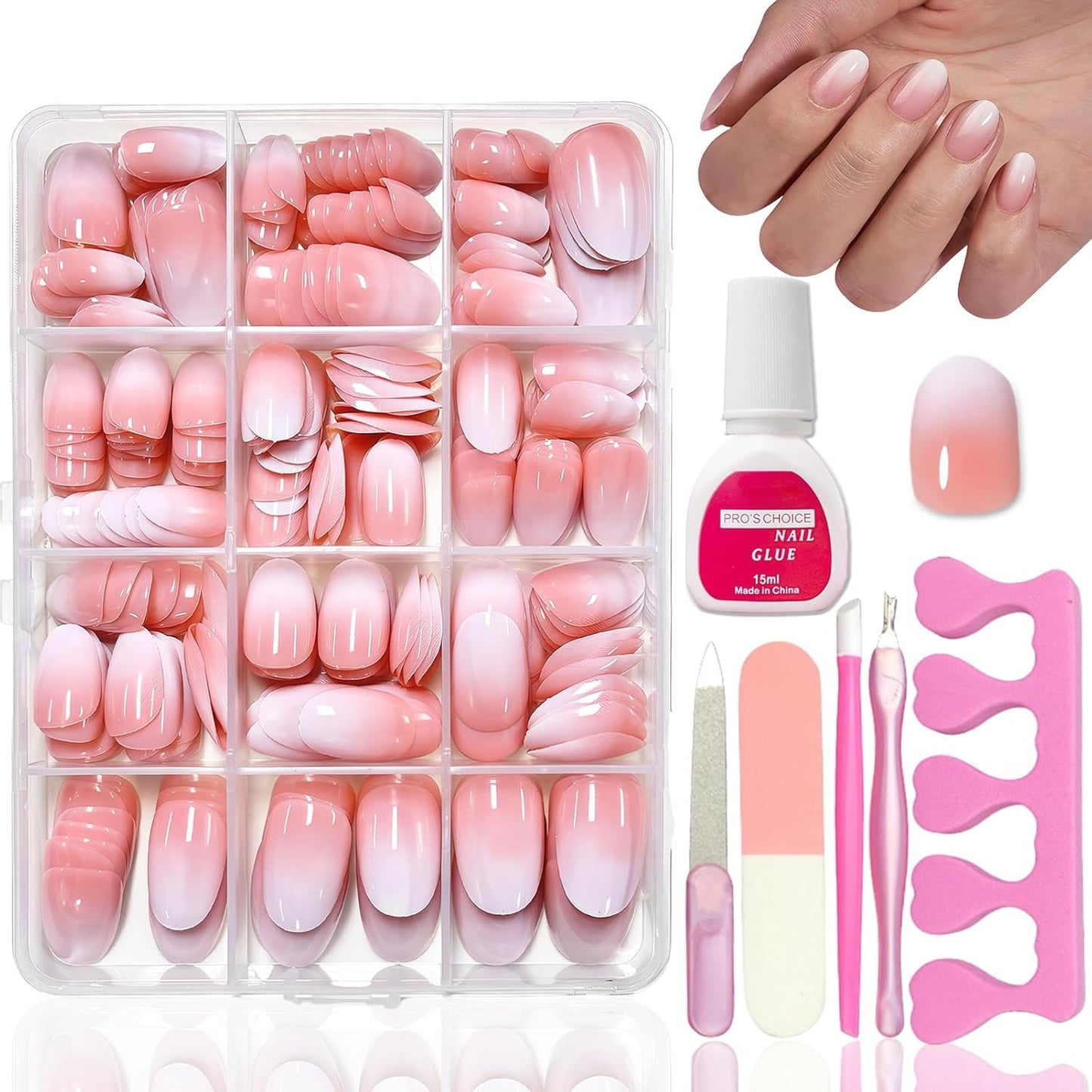 Kit de faux ongles 360 pièces – Faux ongles courts nus, rose, blanc, dégradé – Carré à coller sur faux ongles – Couverture complète, brillants, autocollants pour femmes et filles (carré)
