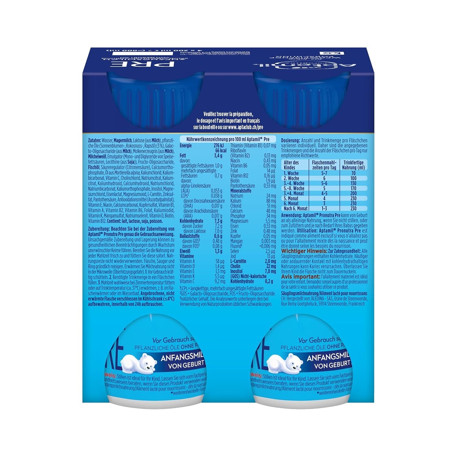 Aptamil Pronutra Pre - Préparation infantile dès la naissance - Aux huiles végétales, sans huile de palme - 6 x 4 x 200 ml (4800 ml)