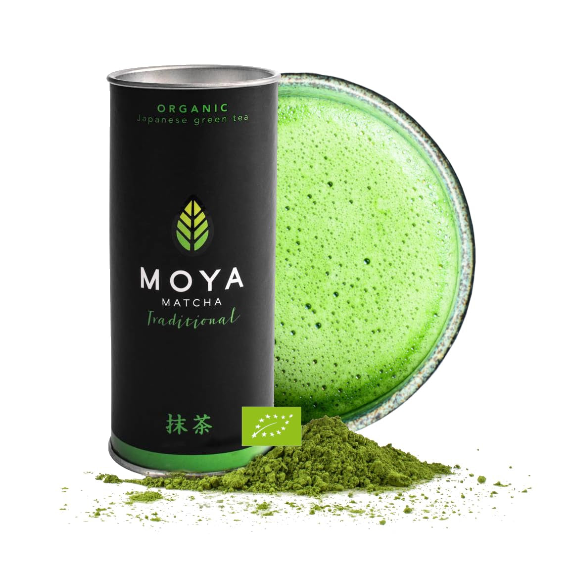Poudre de thé vert biologique Moya Matcha | 100 g qualité cérémonie traditionnelle 30 g | Cultivé et récolté biologiquement à Uji, Japon | Parfait à boire avec de l'eau, des lattes au matcha, des smoothies et des limonades