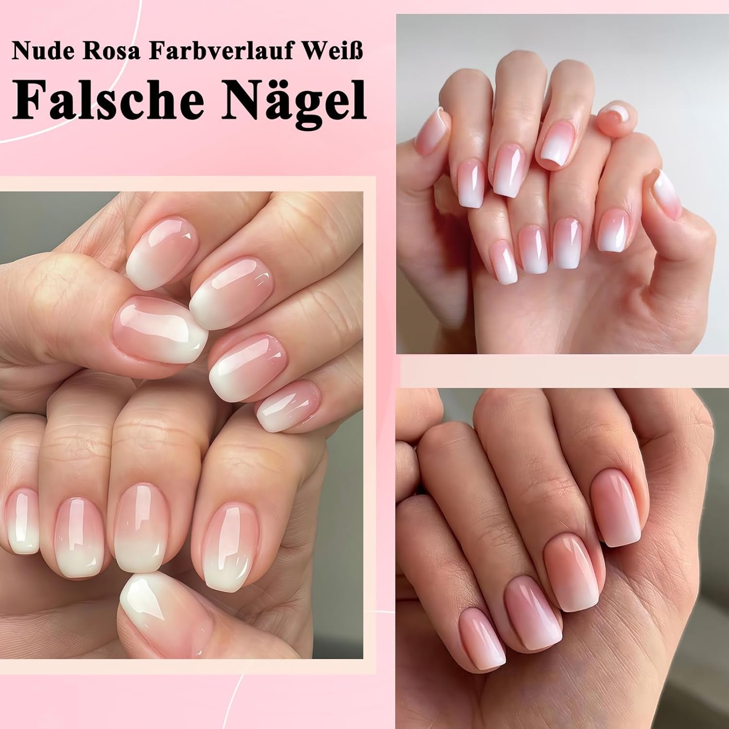 Kit de faux ongles 360 pièces – Faux ongles courts nus, rose, blanc, dégradé – Carré à coller sur faux ongles – Couverture complète, brillants, autocollants pour femmes et filles (carré)