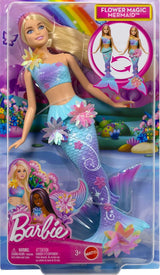 Barbie Meerjungfrauen-Spielzeug Puppe mit magischer Überraschungs Blüte, Schwanzflosse mit Farbverlauf, perlesnbesetzten Hair et long blonden Hair mit rosa Strehchen, JDM72